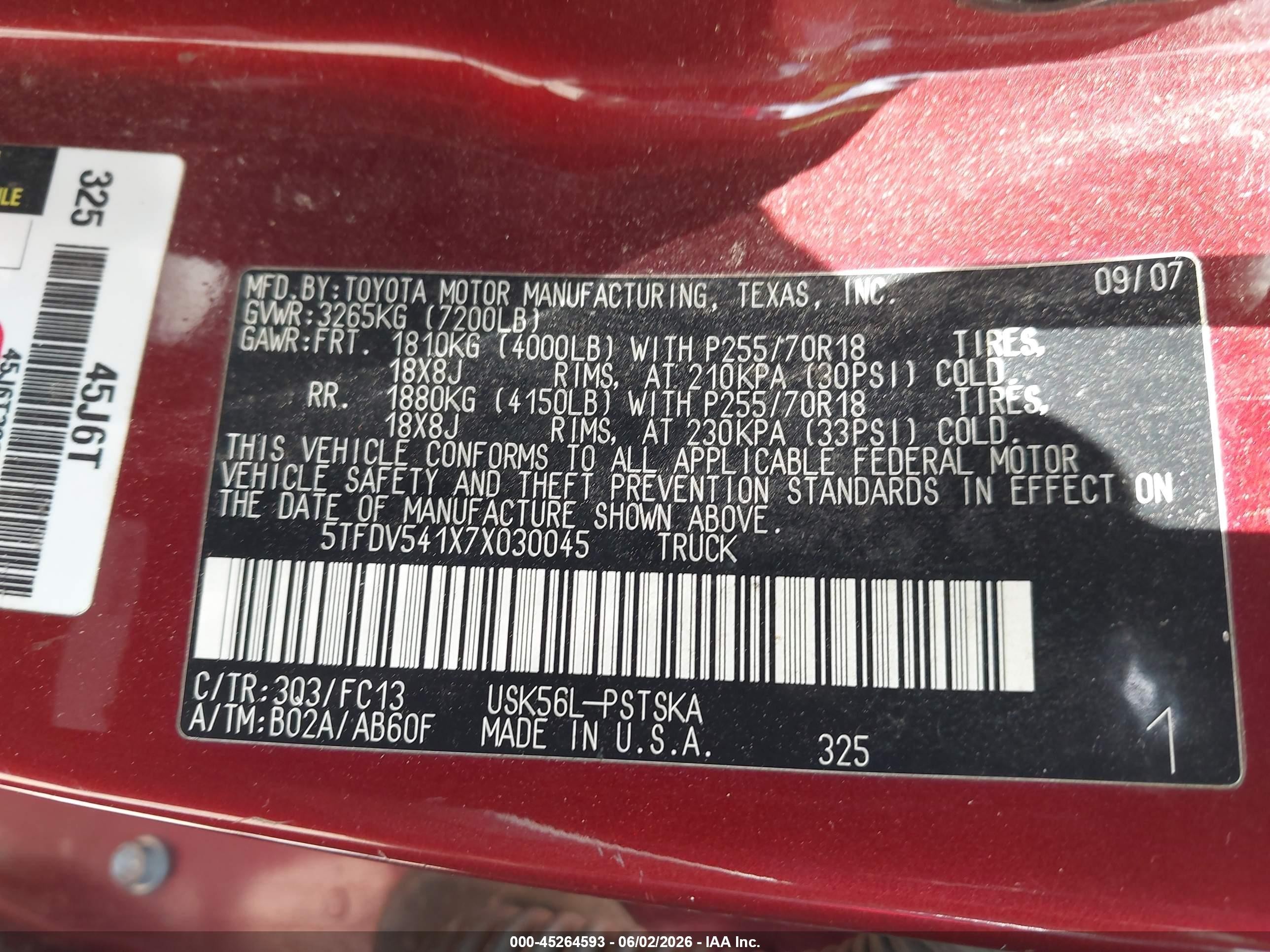 2007 Toyota Tundra Sr5 5.7l V8 Red vin: 5TFDV541X7X030045