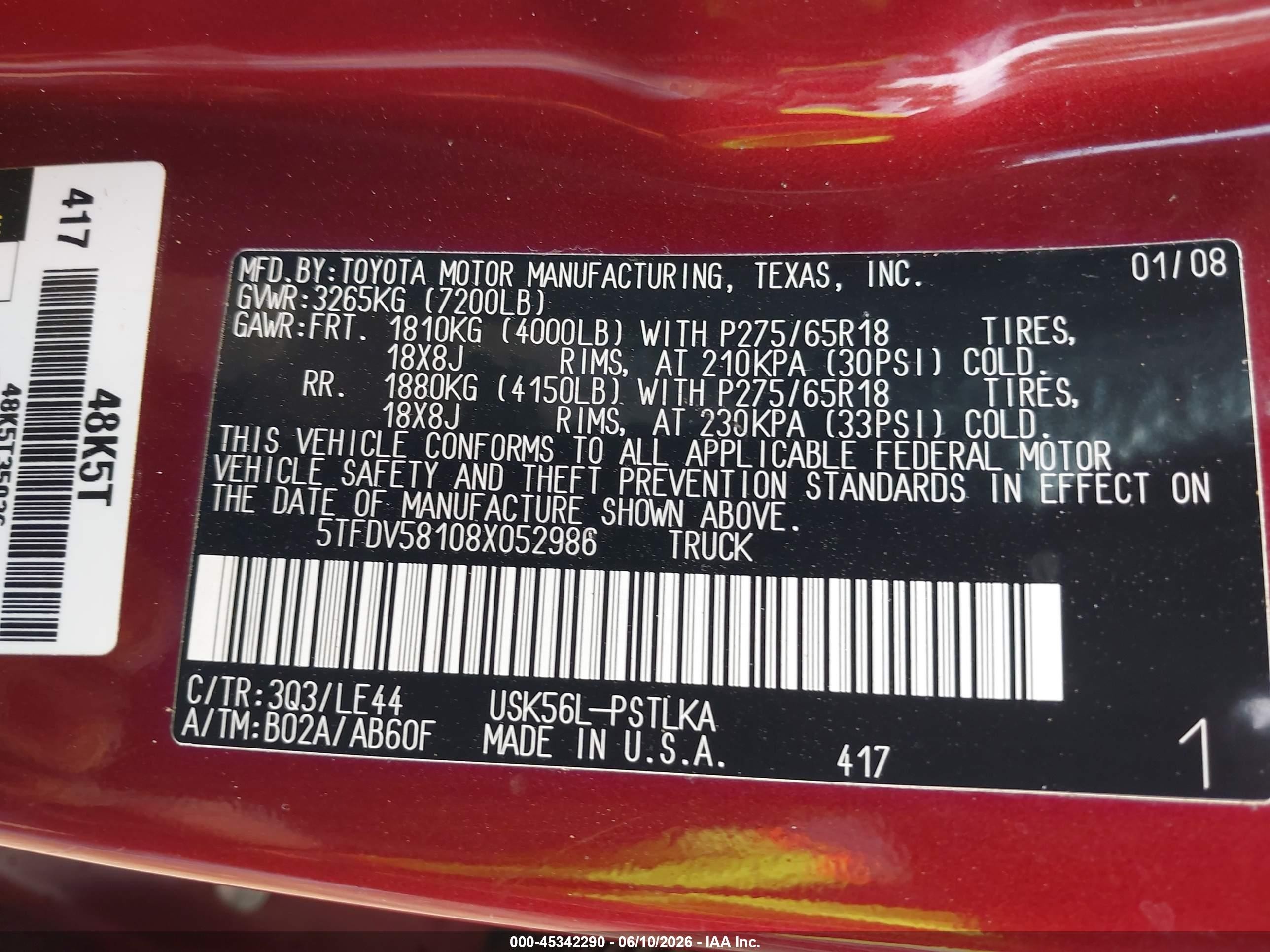 2008 Toyota Tundra Limited 5.7l V8 Burgundy vin: 5TFDV58108X052986