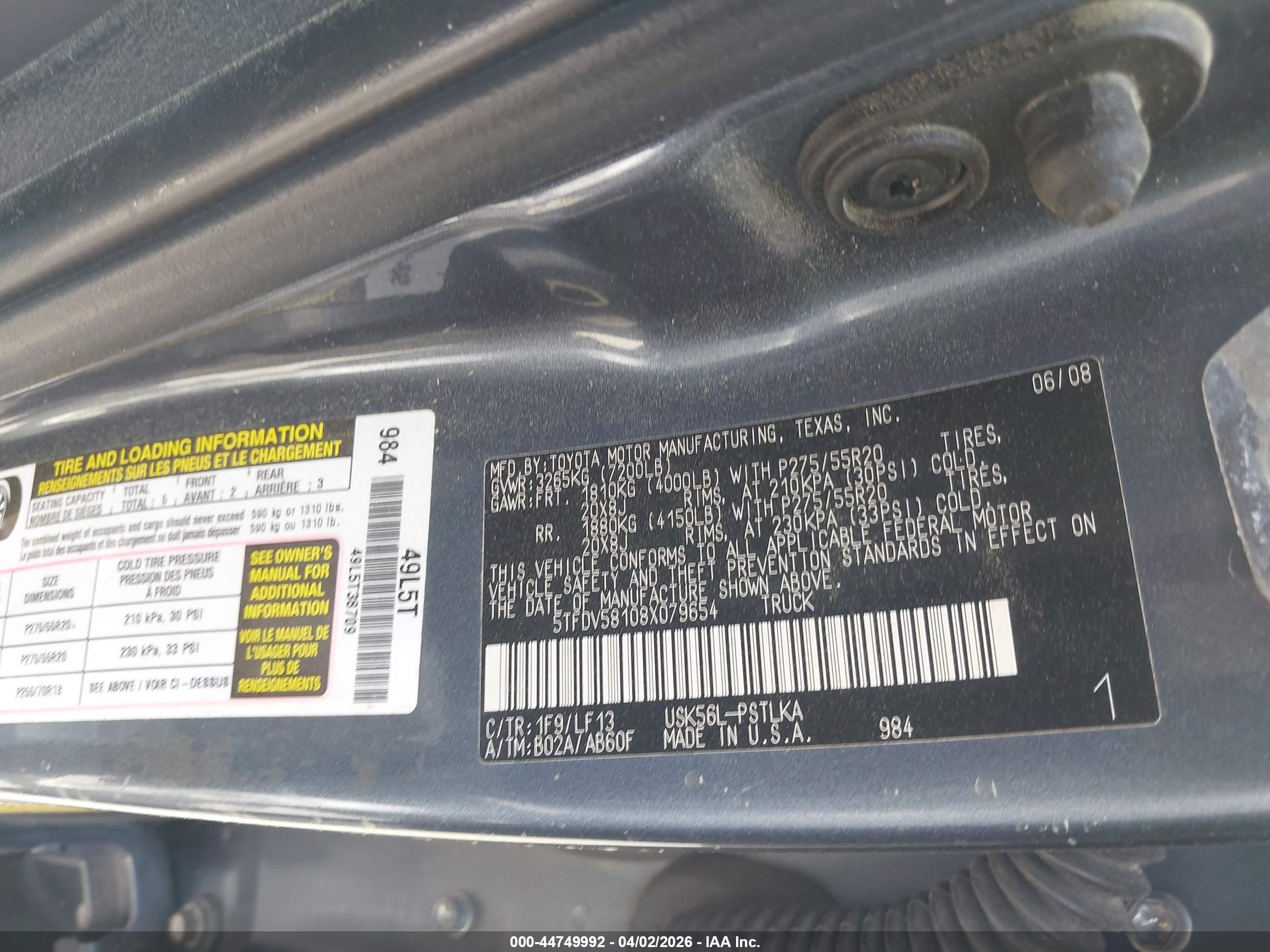 2008 Toyota Tundra Limited 5.7l V8 Gray vin: 5TFDV58108X079654