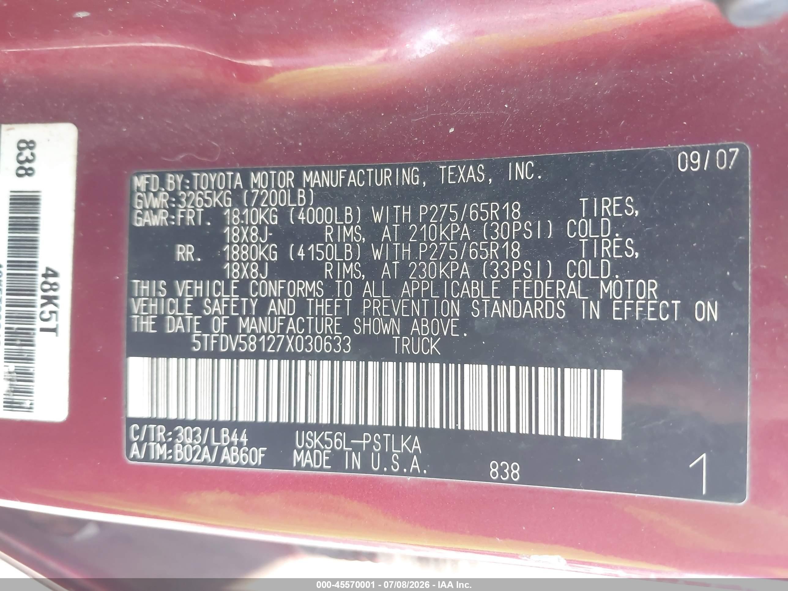 2007 Toyota Tundra Limited 5.7l V8 Burgundy vin: 5TFDV58127X030633