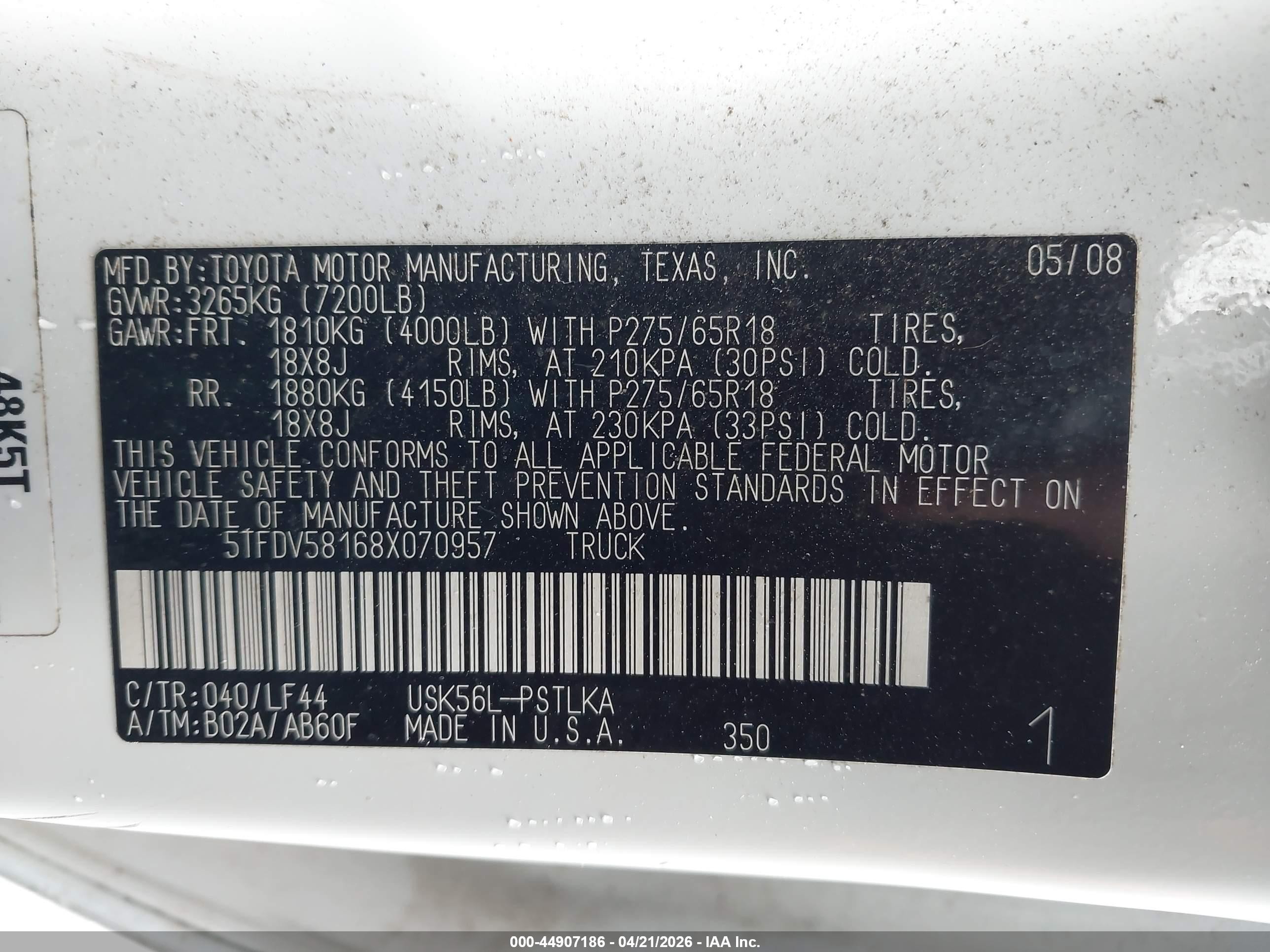 2008 Toyota Tundra Limited 5.7l V8 White vin: 5TFDV58168X070957