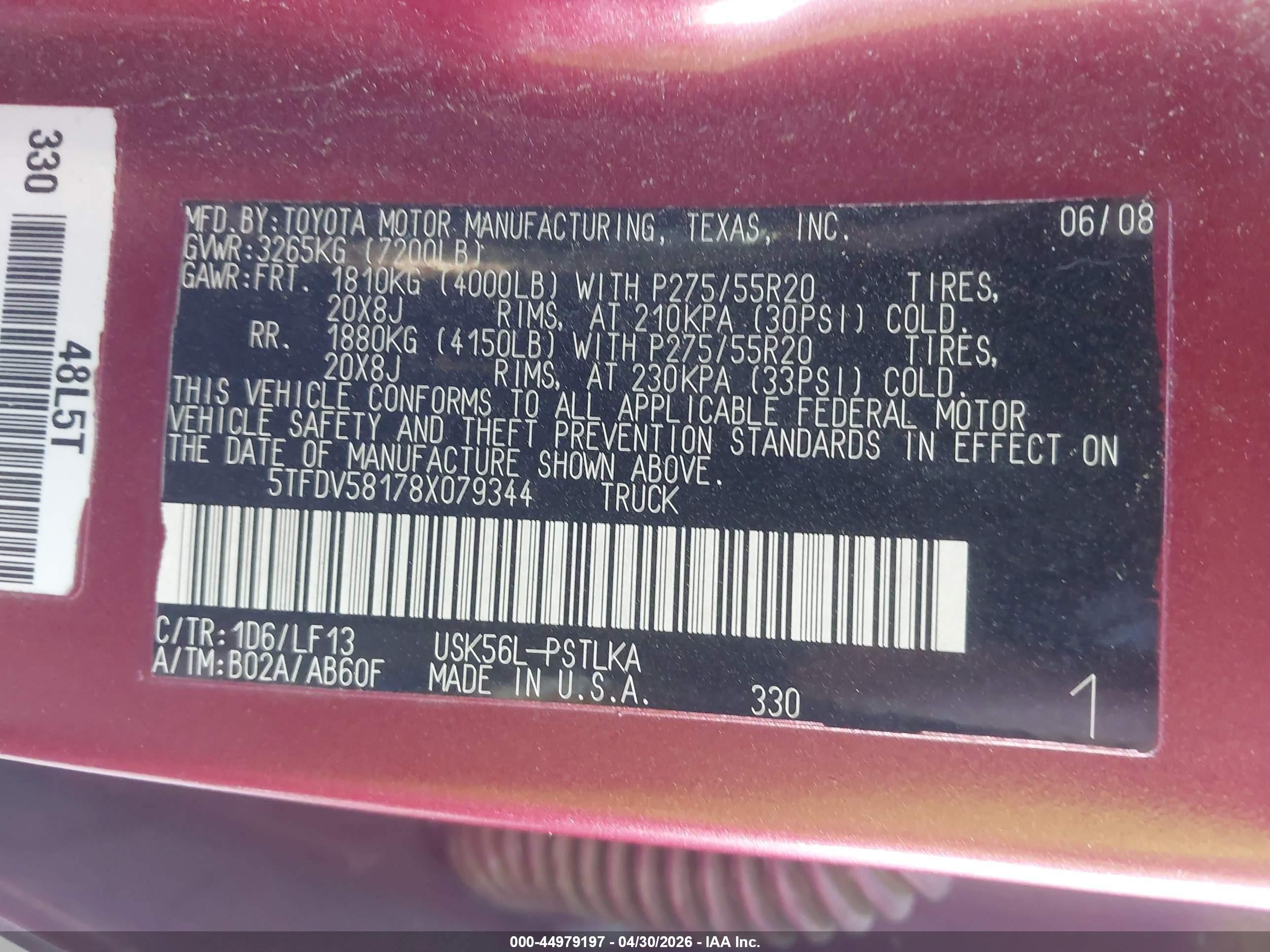 2008 Toyota Tundra Limited 5.7l V8 Red vin: 5TFDV58178X079344