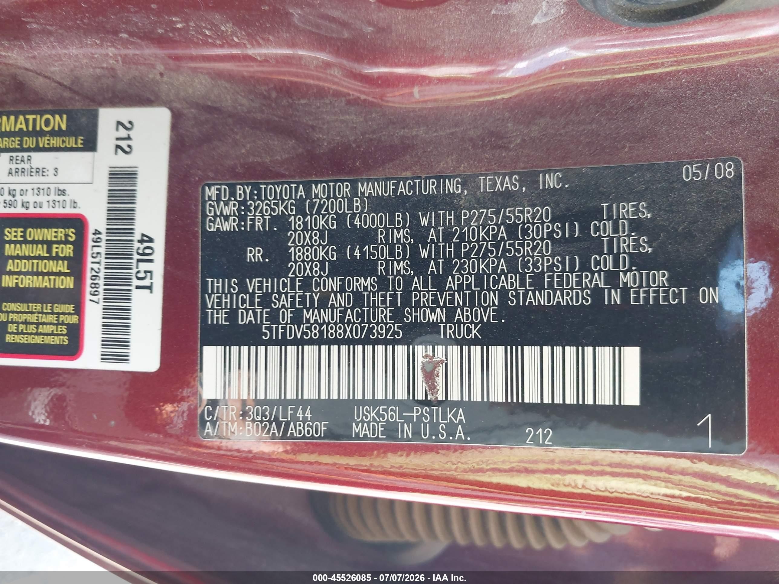 2008 Toyota Tundra Limited 5.7l V8 Red vin: 5TFDV58188X073925