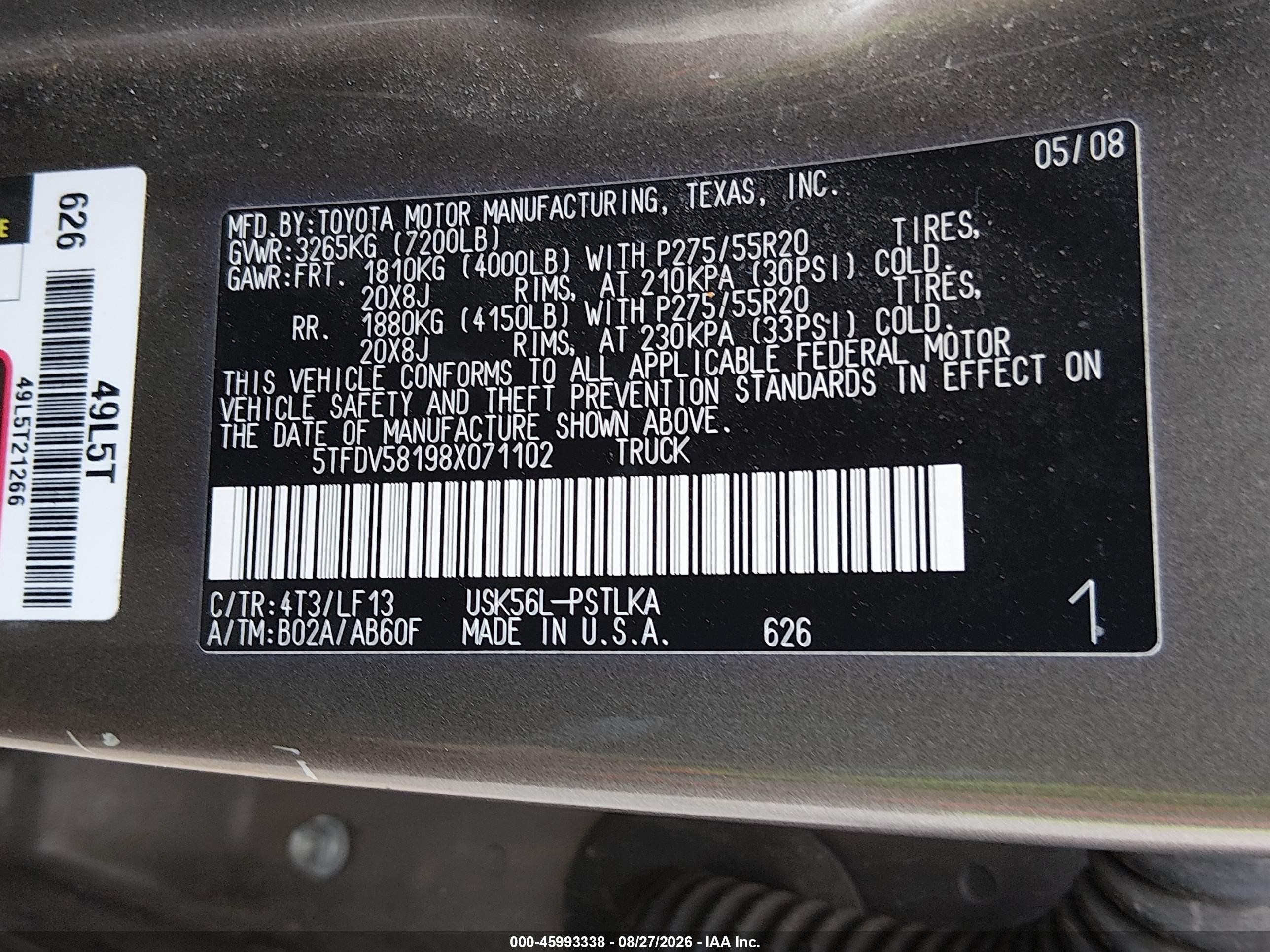 2008 Toyota Tundra Limited 5.7l V8 Brown vin: 5TFDV58198X071102