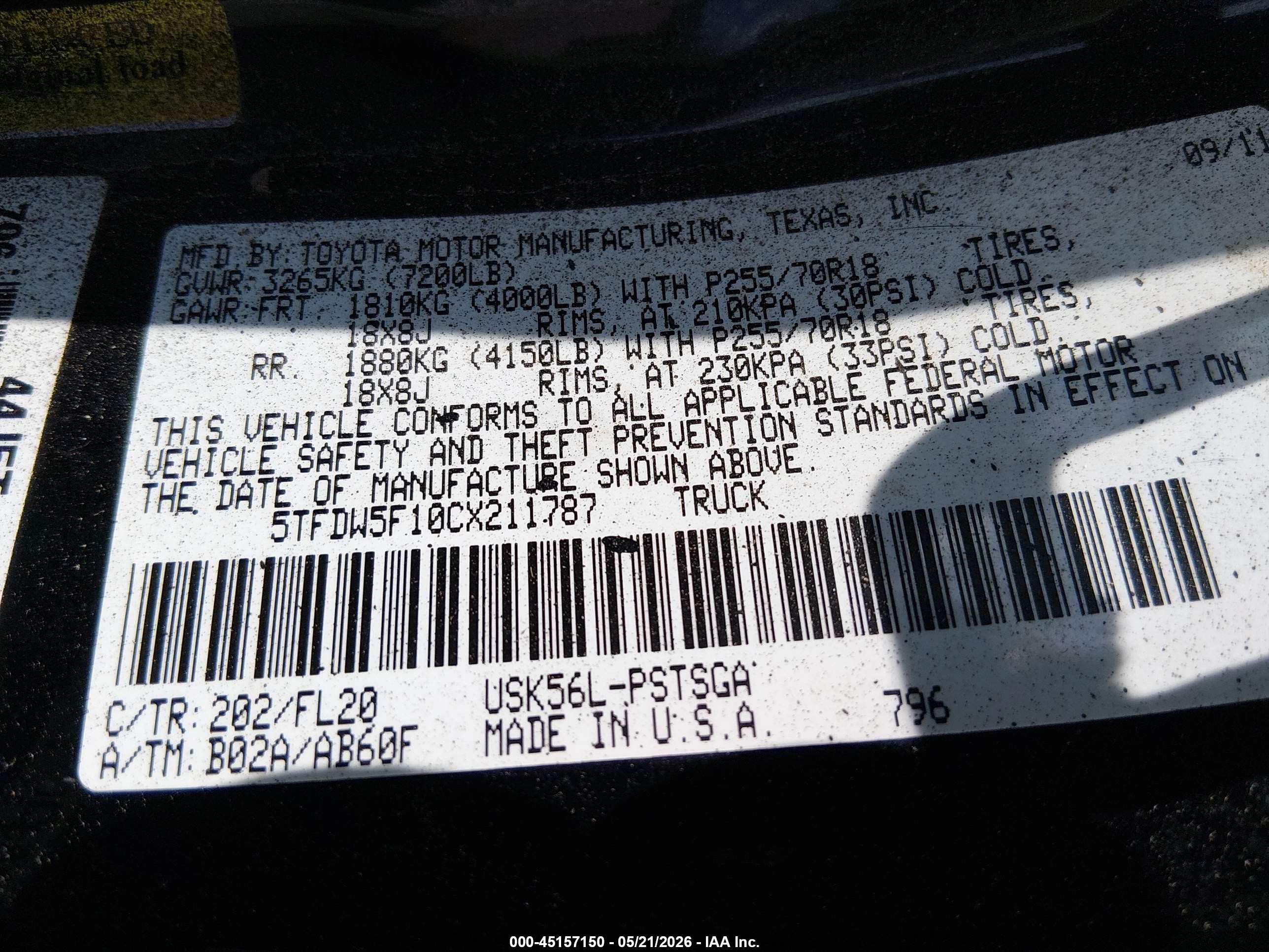 2012 Toyota Tundra Grade 5.7l V8 Black vin: 5TFDW5F10CX211787