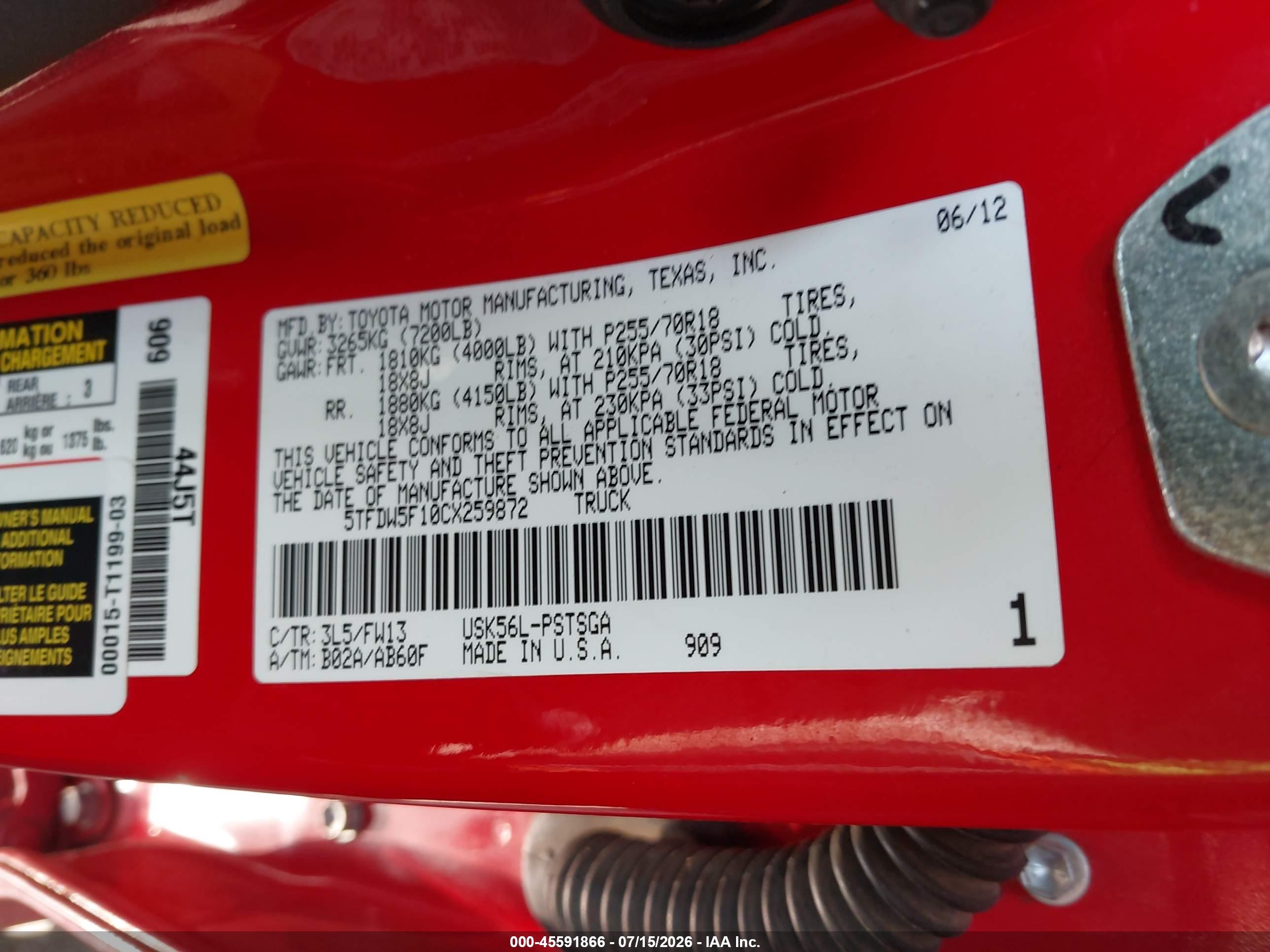2012 Toyota Tundra Grade 5.7l V8 Красный vin: 5TFDW5F10CX259872