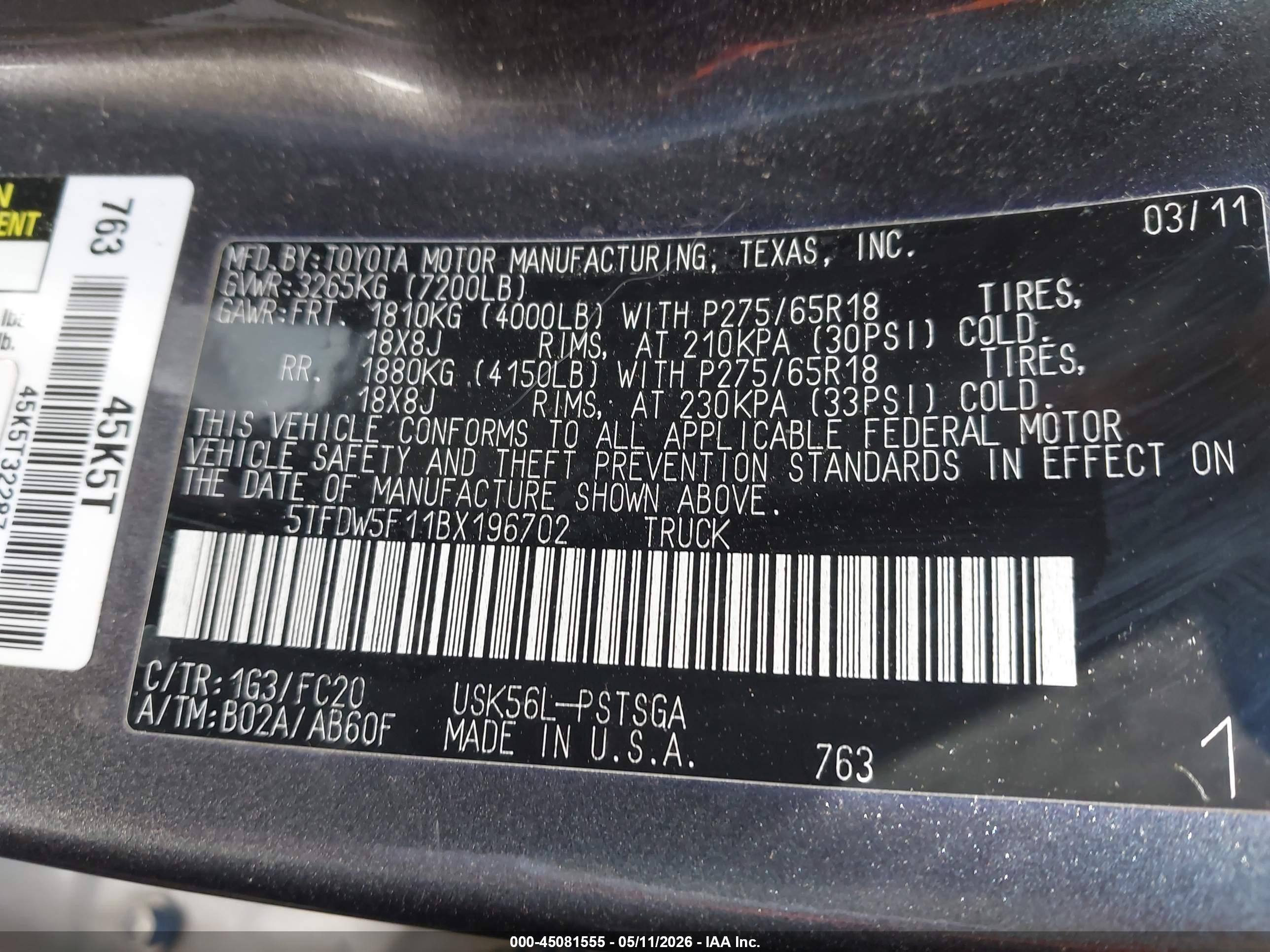 2011 Toyota Tundra Grade 5.7l V8 Gray vin: 5TFDW5F11BX196702