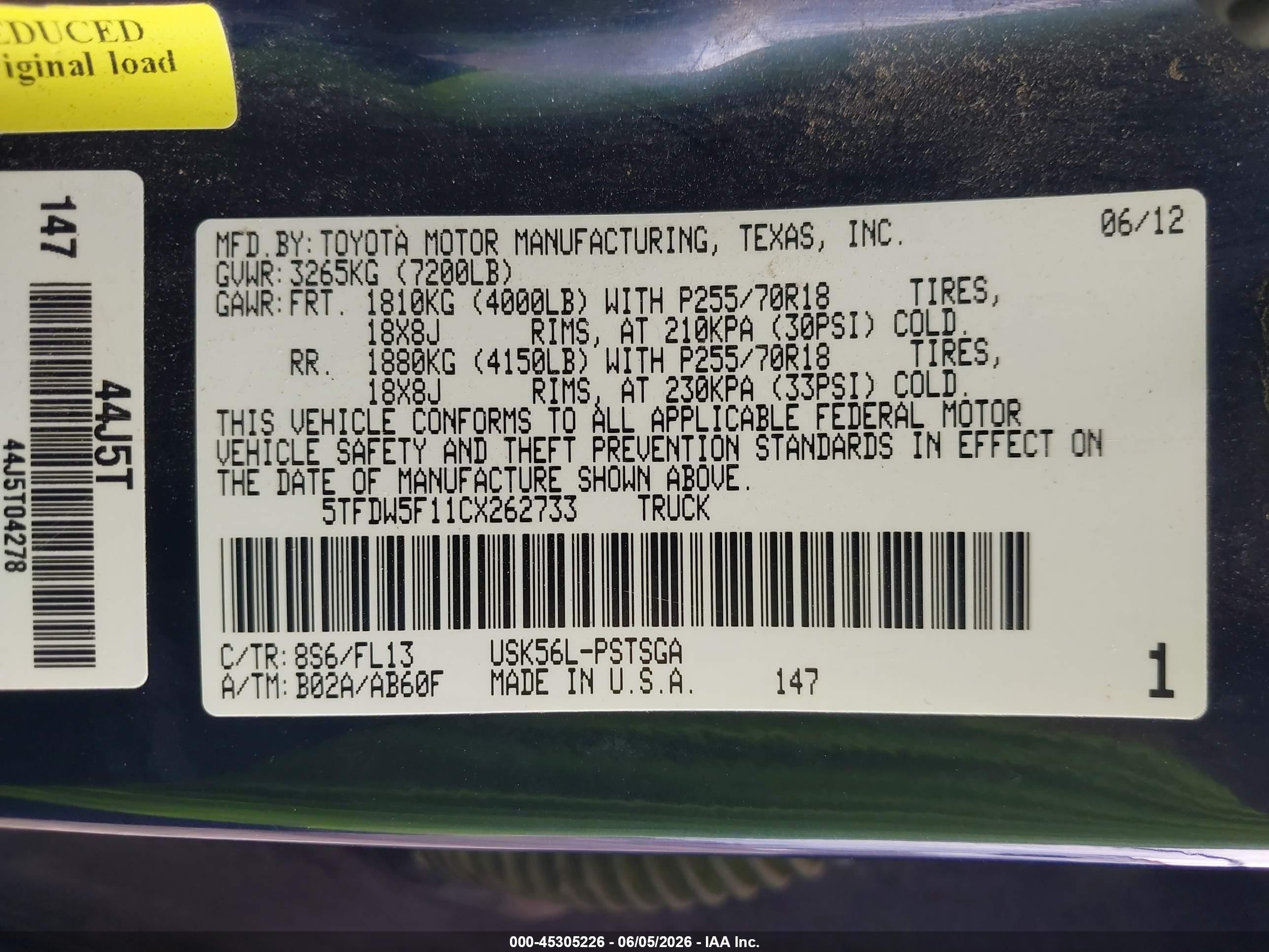 2012 Toyota Tundra Grade 5.7l V8 Navy vin: 5TFDW5F11CX262733