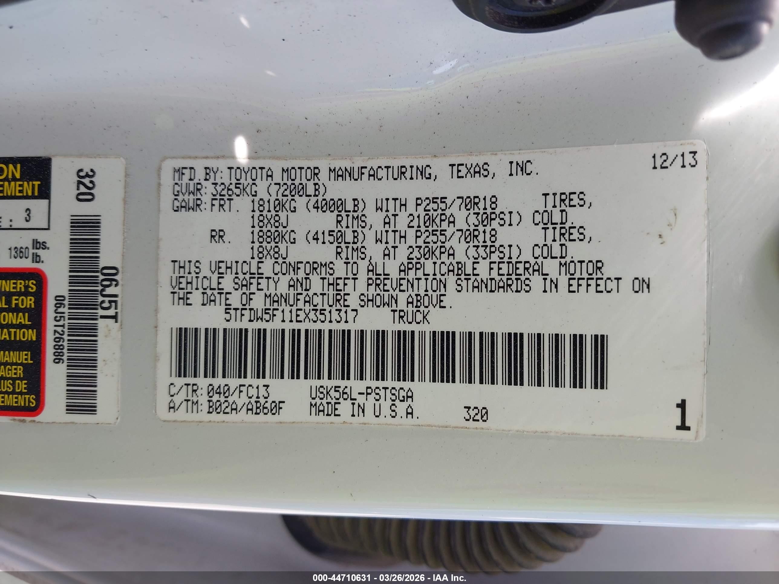 2014 Toyota Tundra Sr5 5.7l V8 Белый vin: 5TFDW5F11EX351317