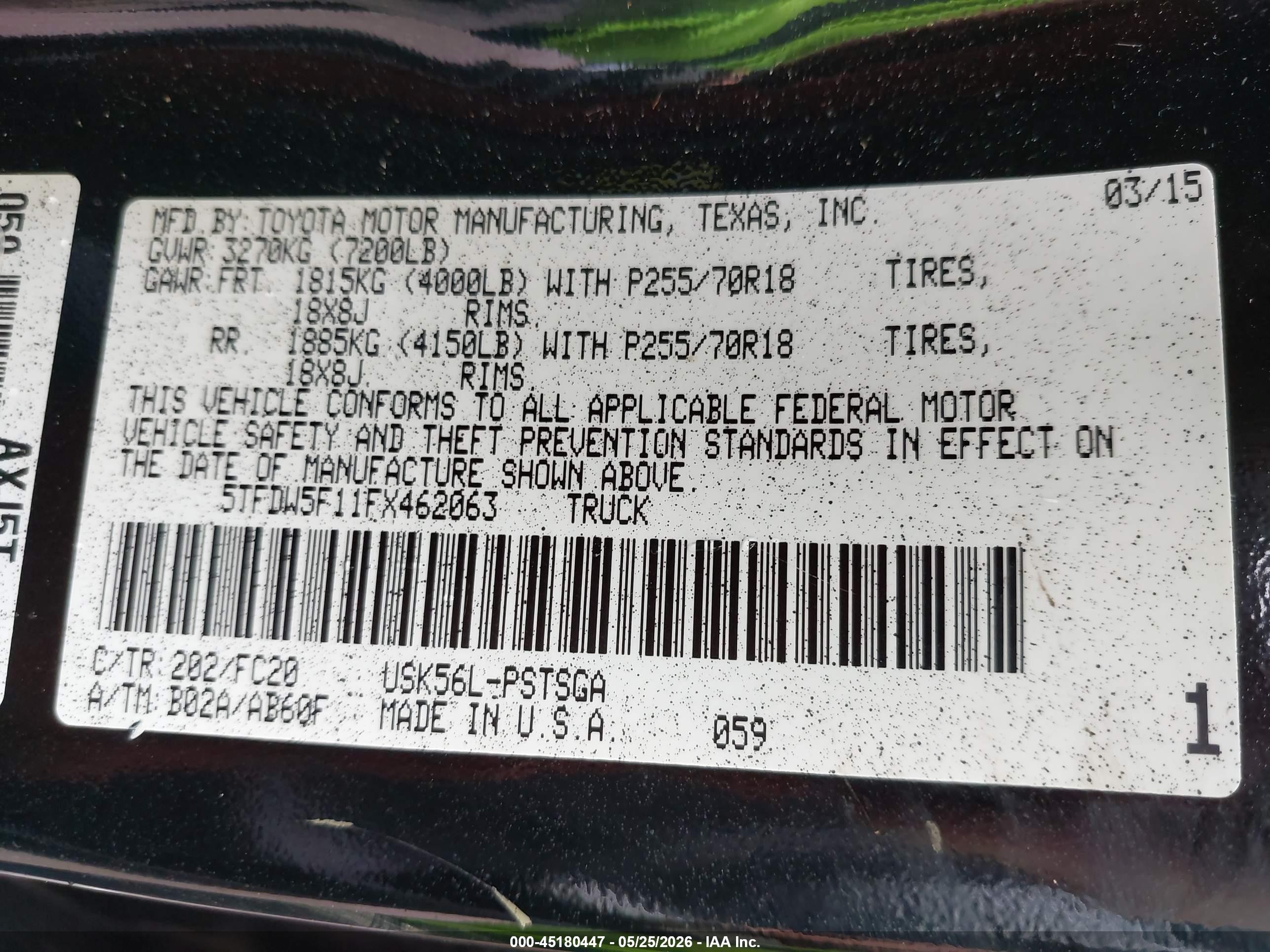2015 Toyota Tundra Sr5 5.7l V8 Black vin: 5TFDW5F11FX462063