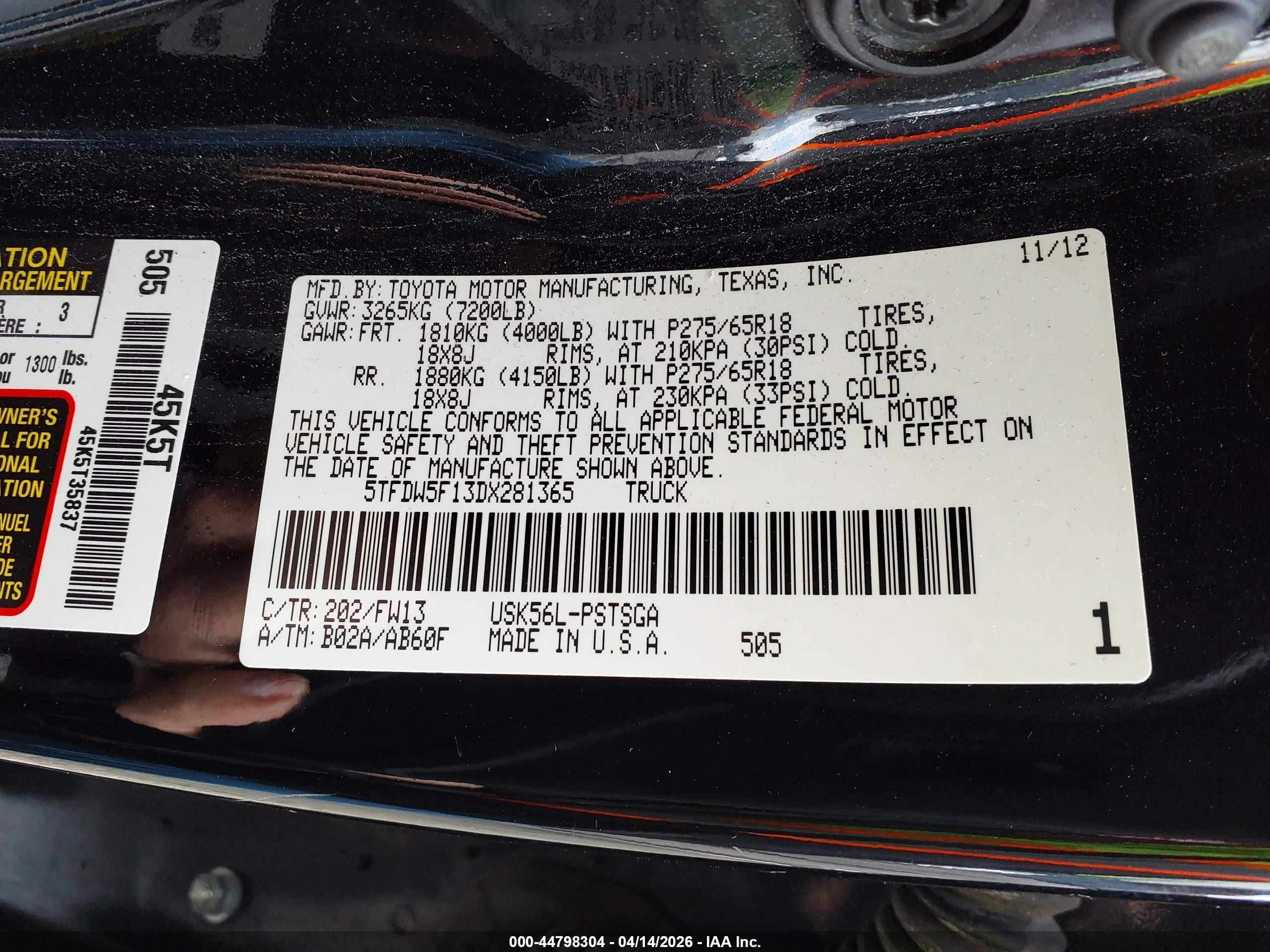 2013 Toyota Tundra Grade 5.7l V8 Black vin: 5TFDW5F13DX281365