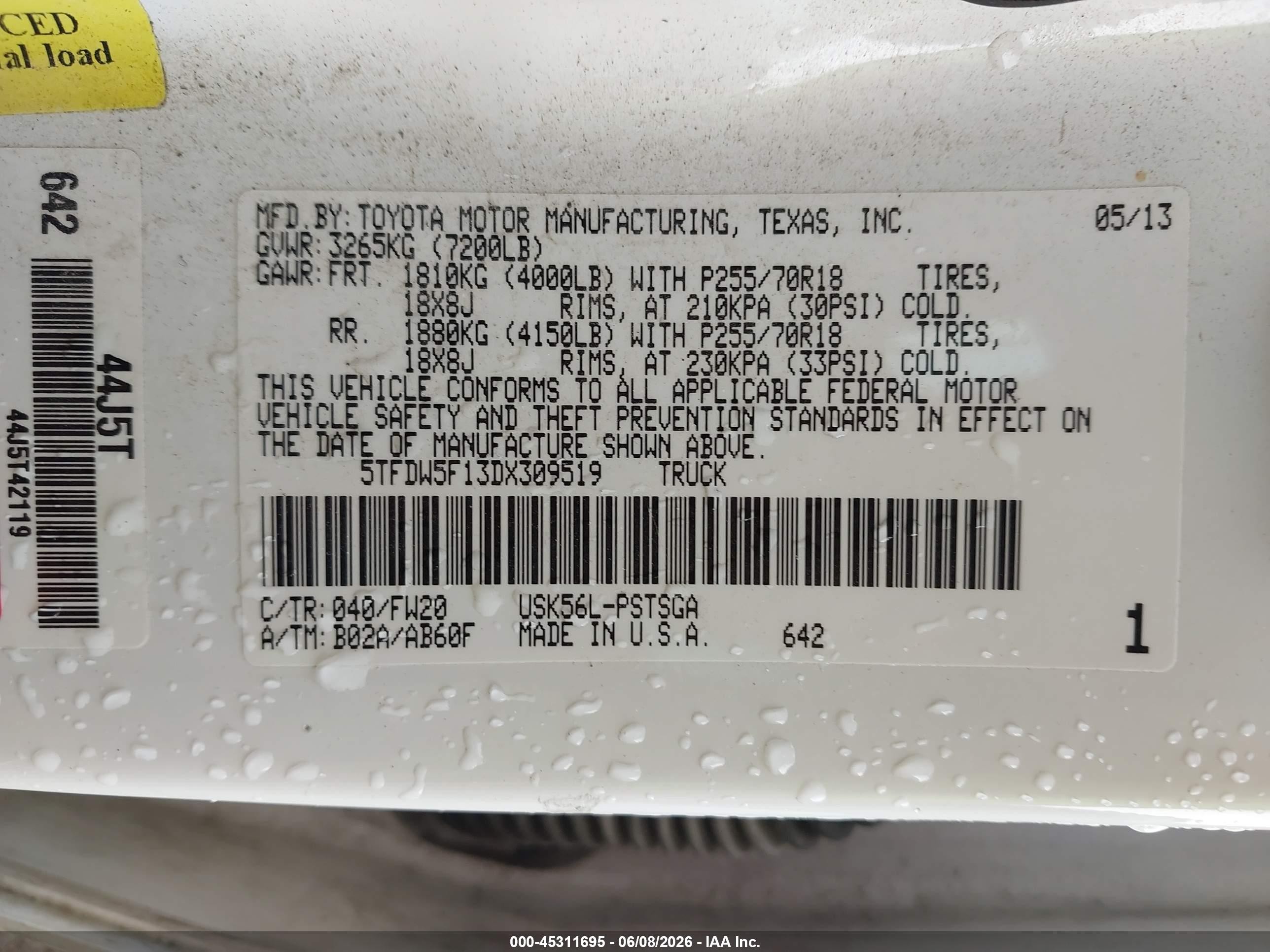 2013 Toyota Tundra Grade 5.7l V8 White vin: 5TFDW5F13DX309519