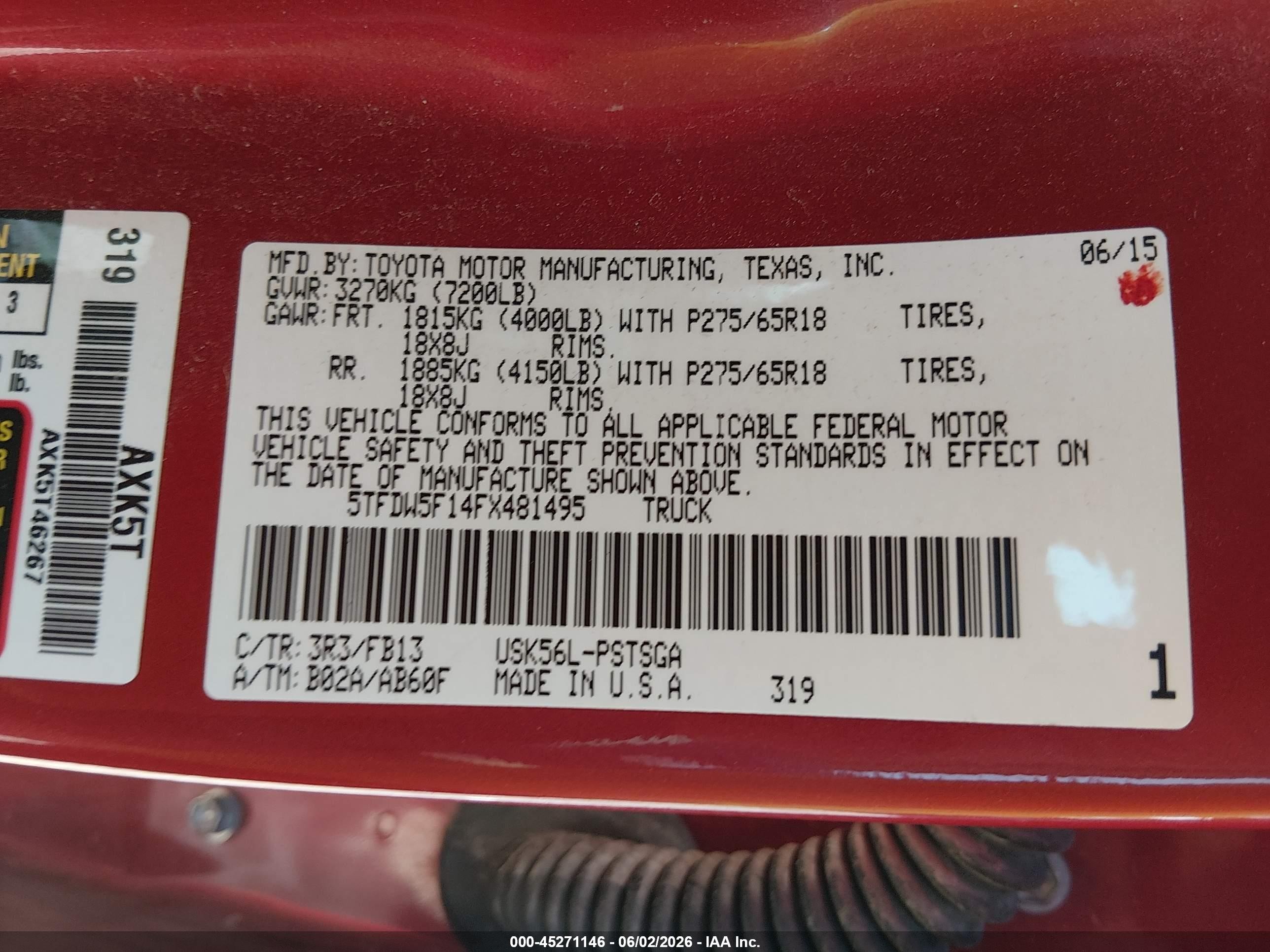 2015 Toyota Tundra Sr5 5.7l V8 Красный vin: 5TFDW5F14FX481495