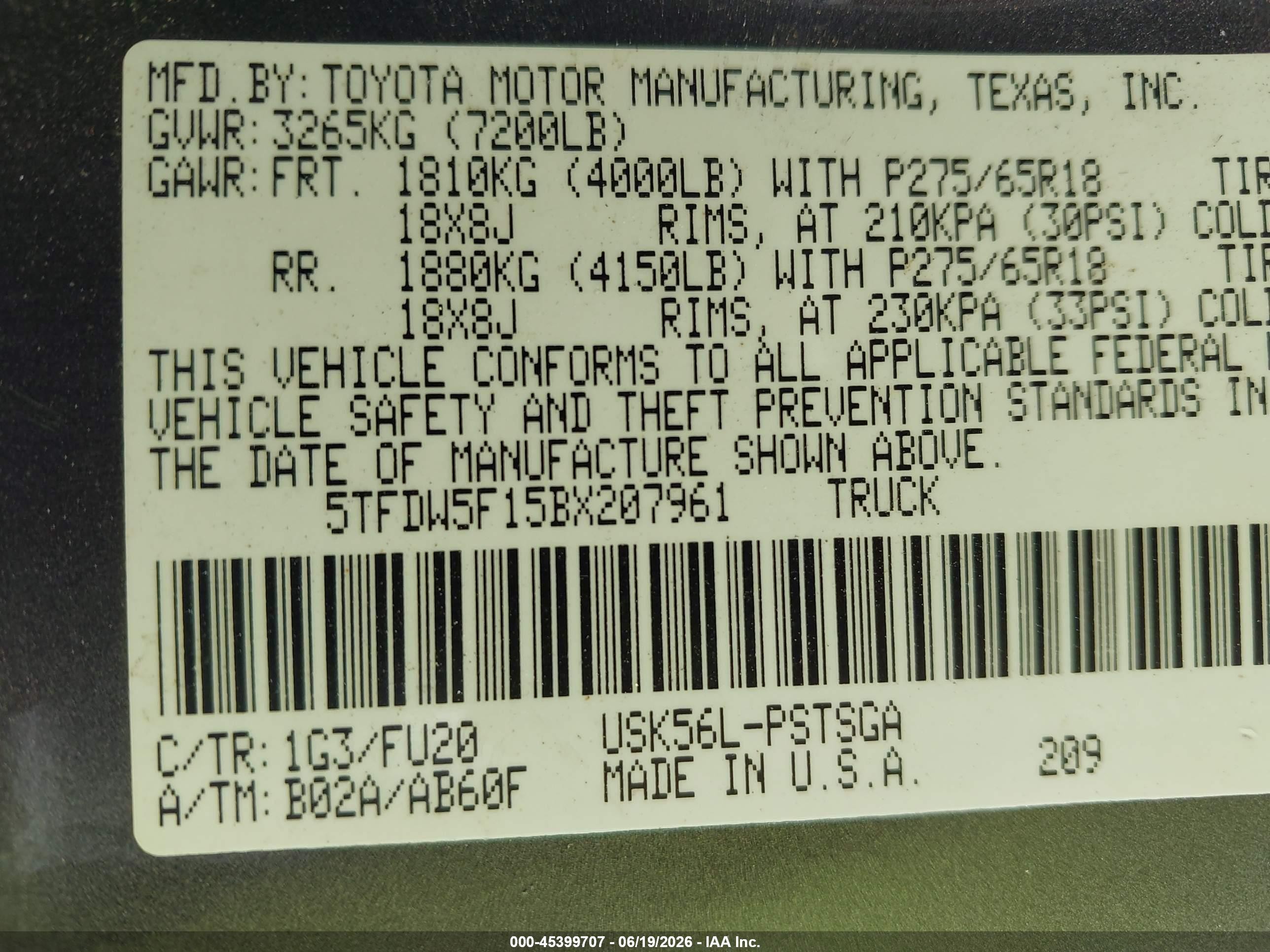 2011 Toyota Tundra Grade 5.7l V8 Gray vin: 5TFDW5F15BX207961