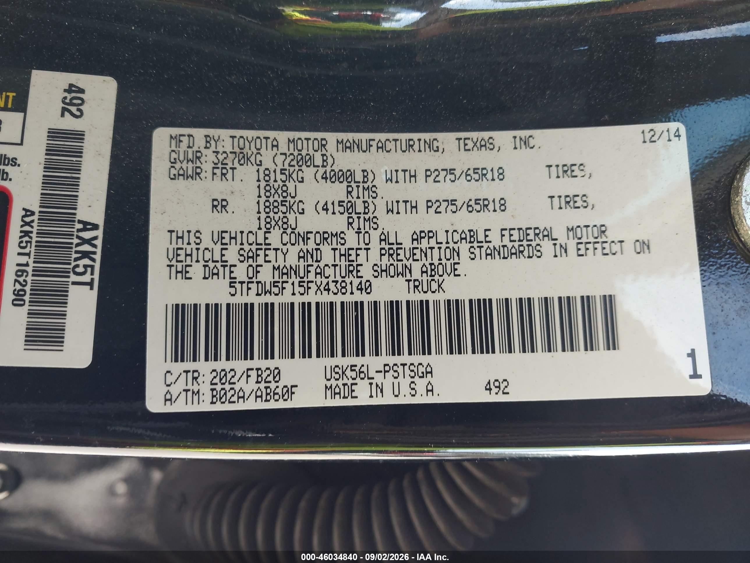 2015 Toyota Tundra Sr5 5.7l V8 Black vin: 5TFDW5F15FX438140