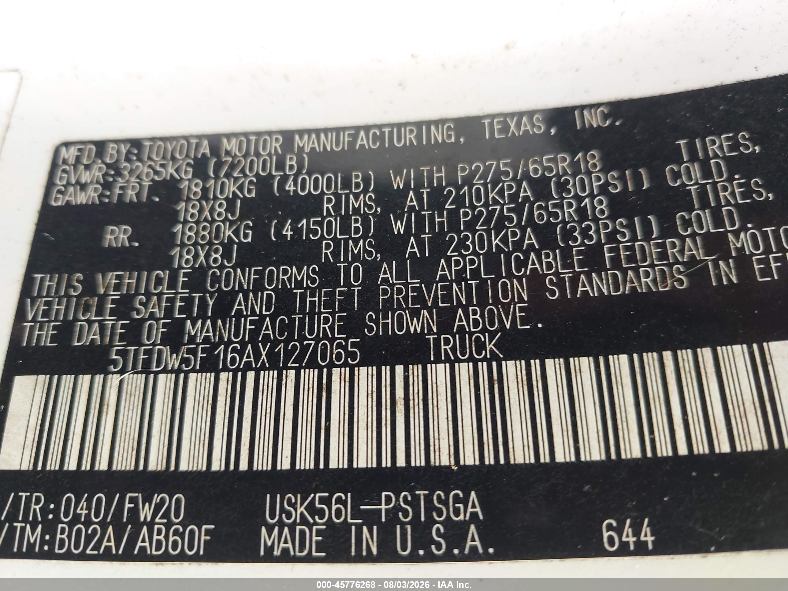 2010 Toyota Tundra Grade 5.7l V8 White vin: 5TFDW5F16AX127065