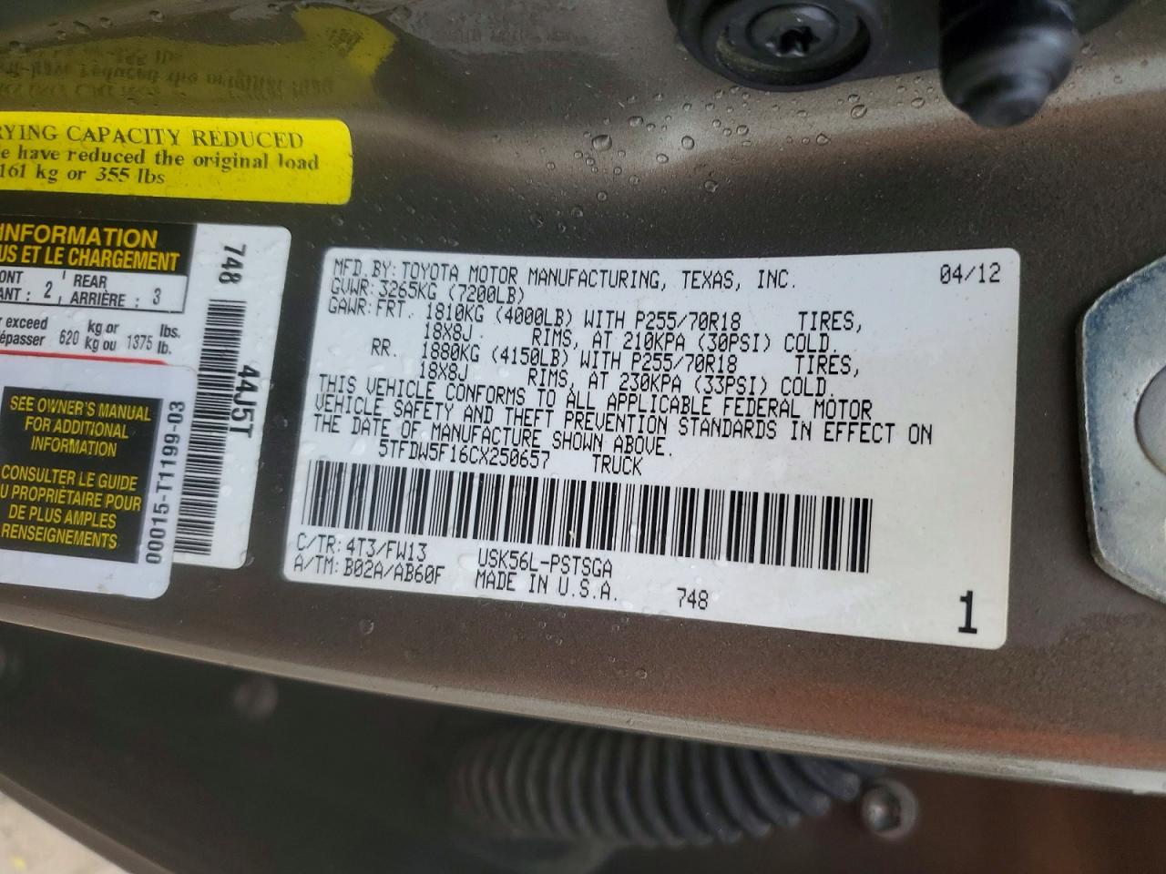 2012 Toyota Tundra Crewmax Sr5 Tan vin: 5TFDW5F16CX250657