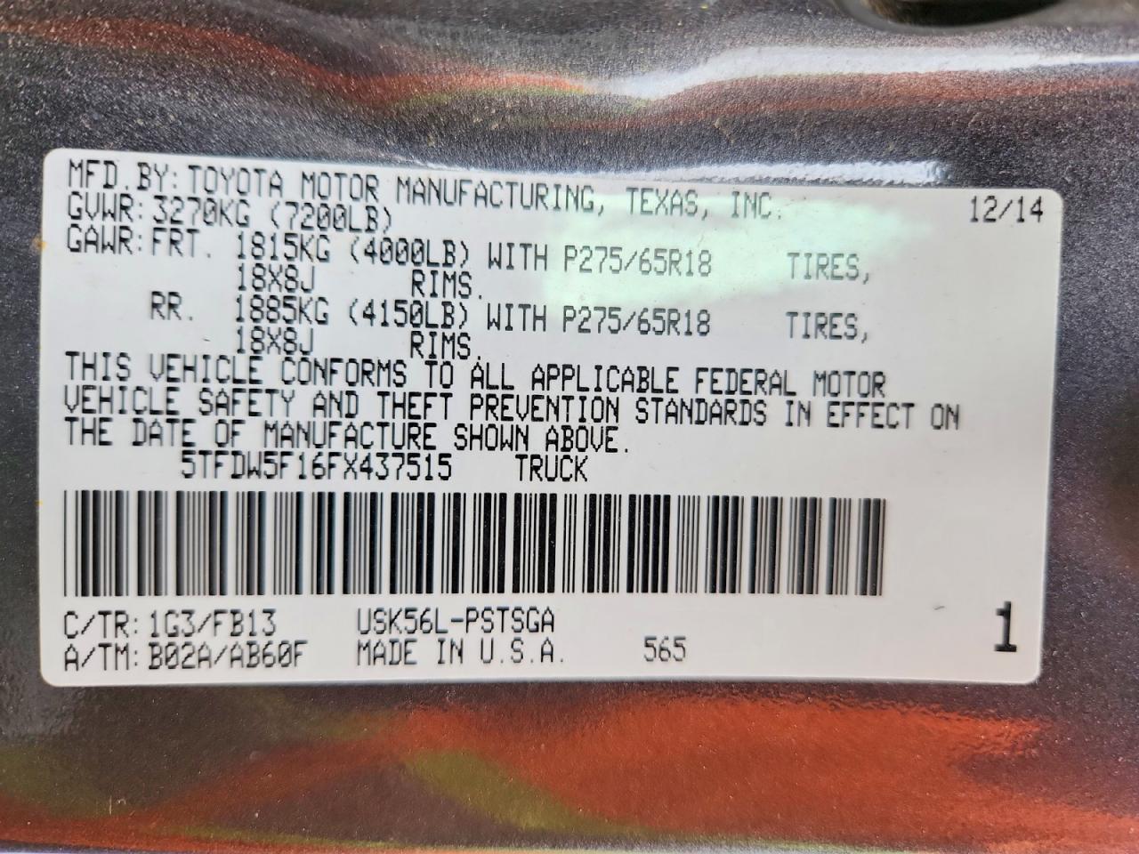 2015 Toyota Tundra Sr5 Gray vin: 5TFDW5F16FX437515
