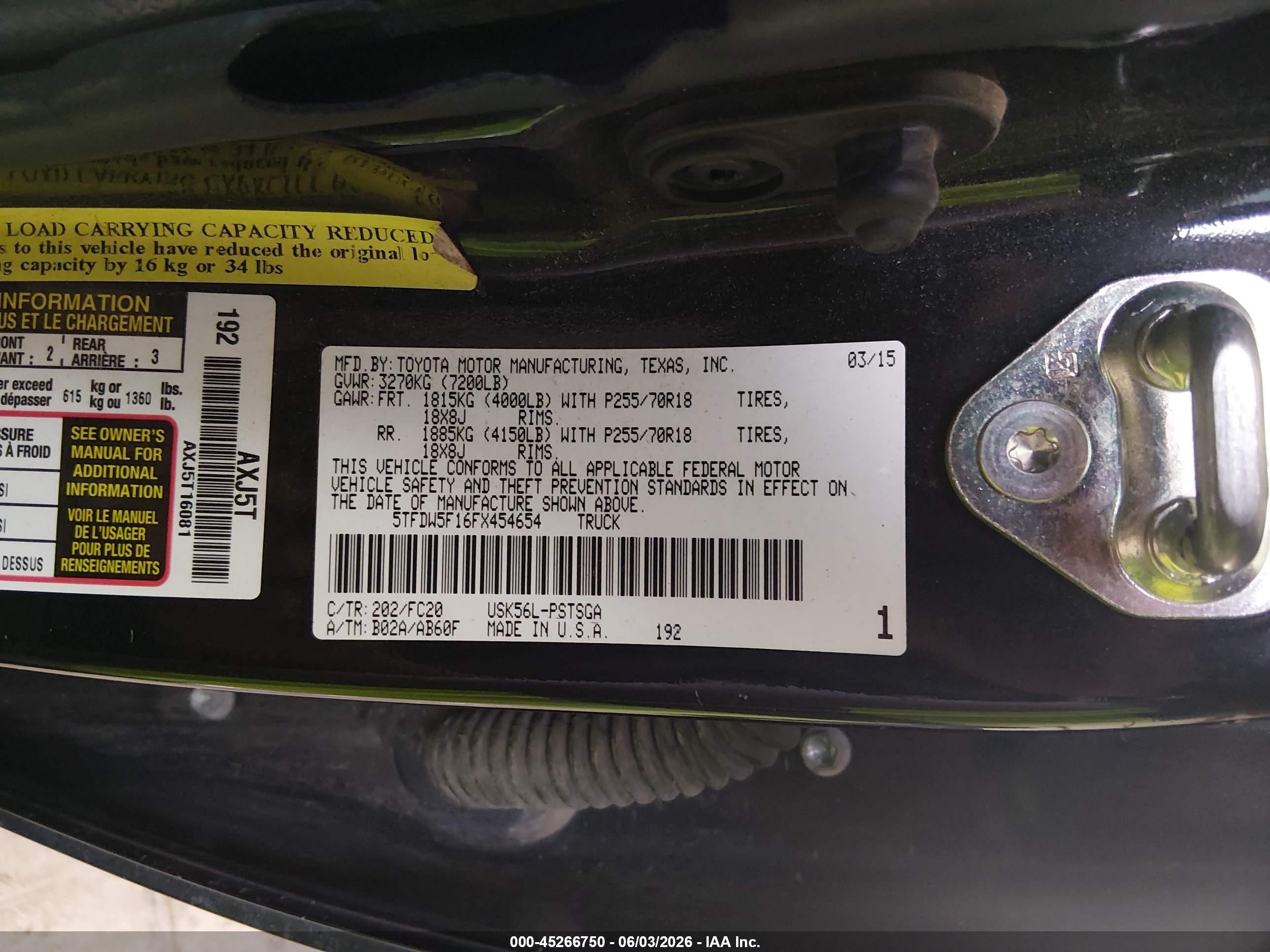 2015 Toyota Tundra Sr5 5.7l V8 Black vin: 5TFDW5F16FX454654