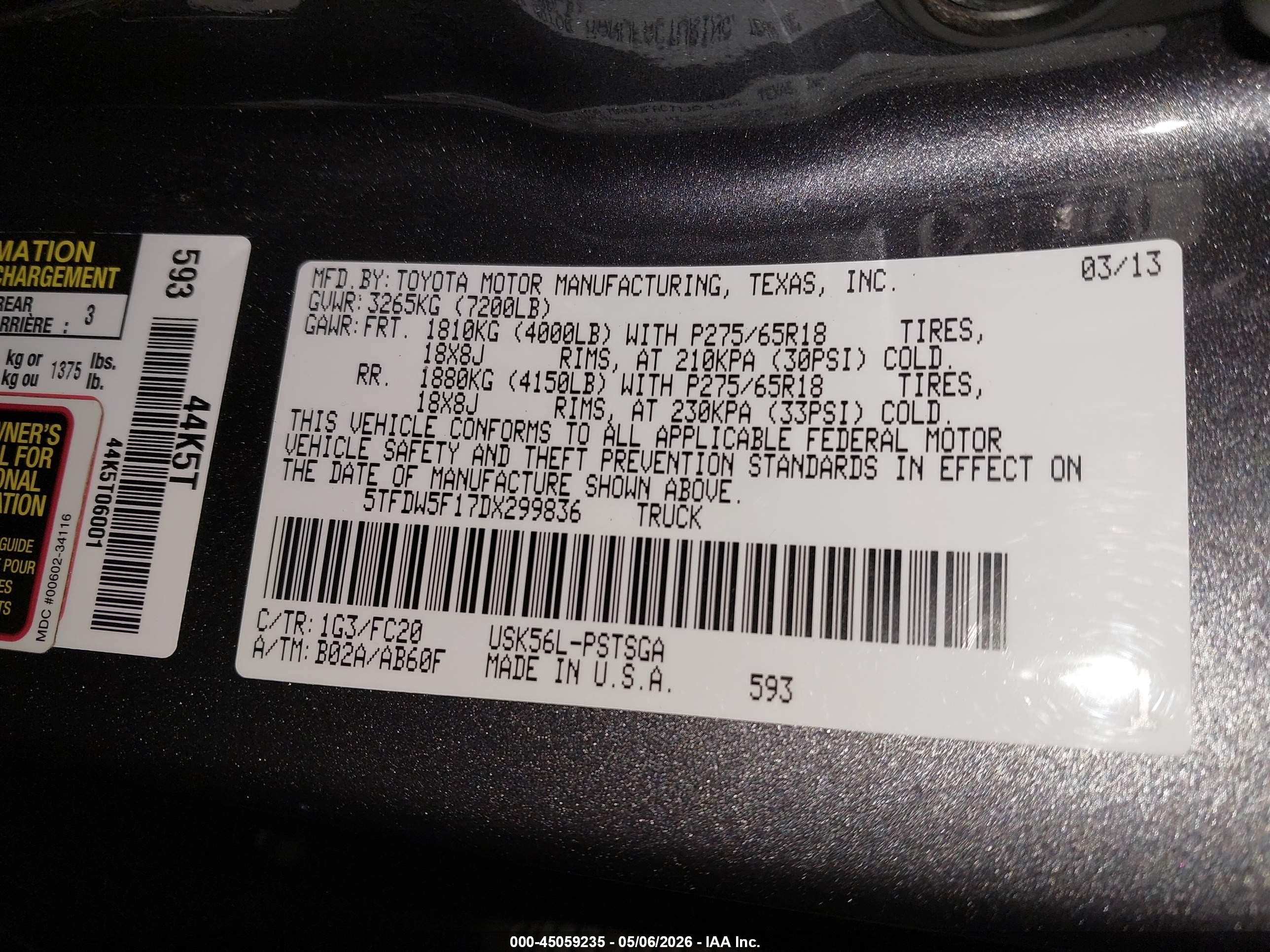 2013 Toyota Tundra Grade 5.7l V8 Gray vin: 5TFDW5F17DX299836