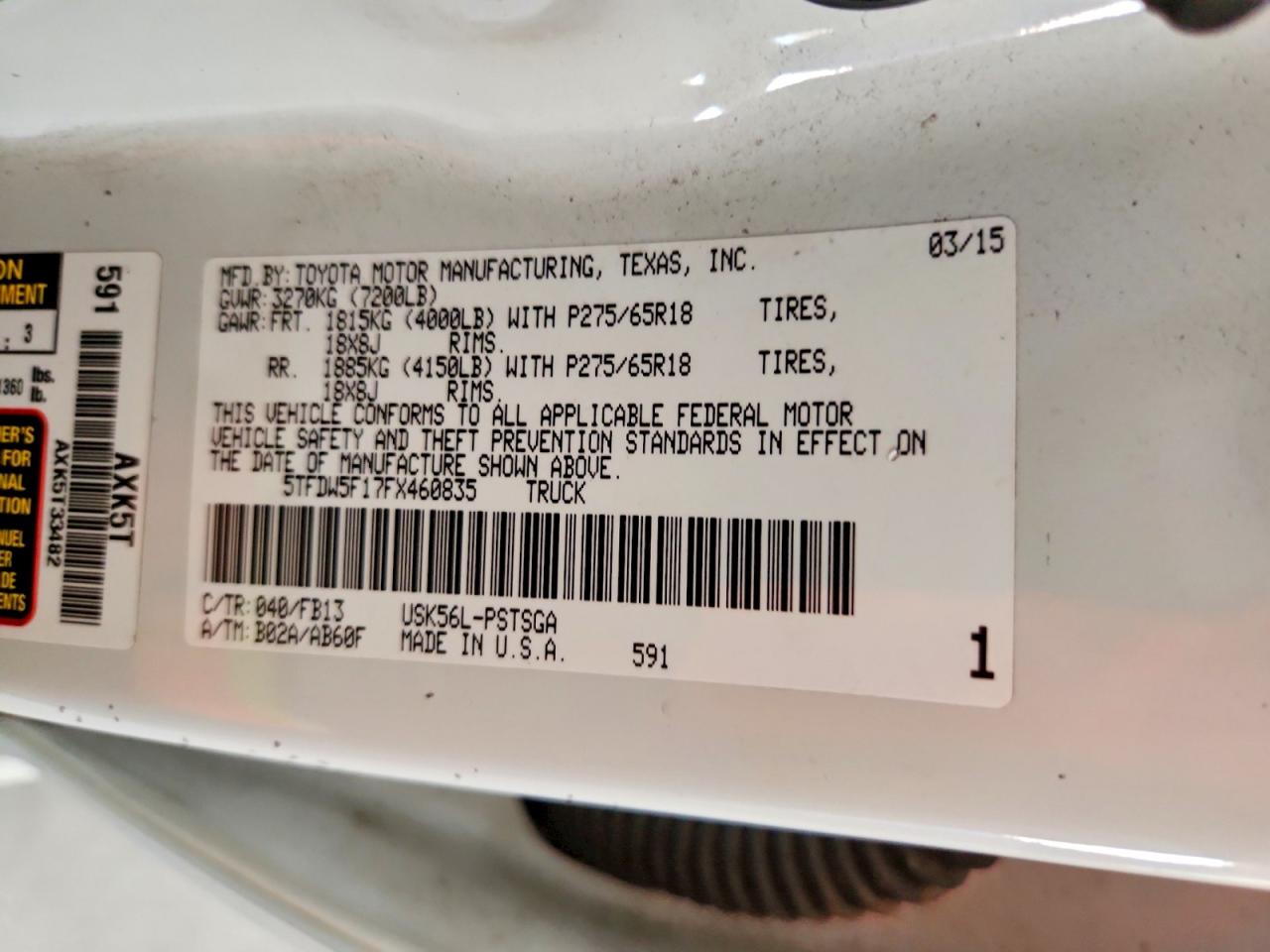 2015 Toyota Tundra Sr5 White vin: 5TFDW5F17FX460835