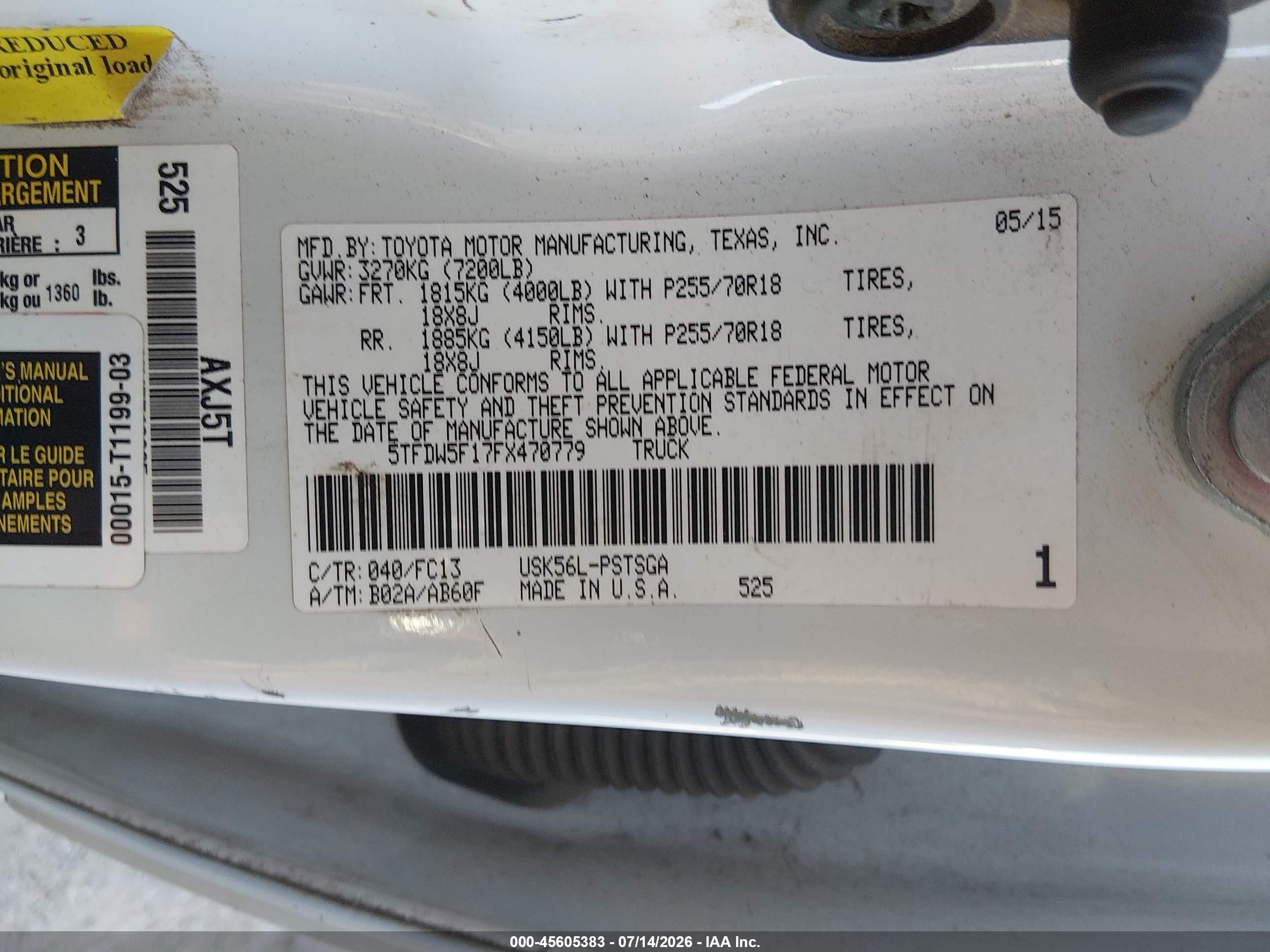 2015 Toyota Tundra Sr5 5.7l V8 White vin: 5TFDW5F17FX470779