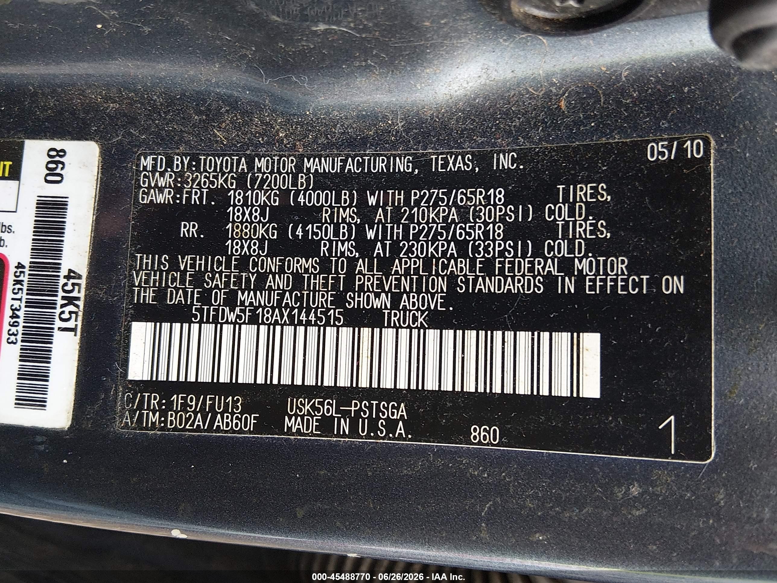 2010 Toyota Tundra Grade 5.7l V8 Blue vin: 5TFDW5F18AX144515