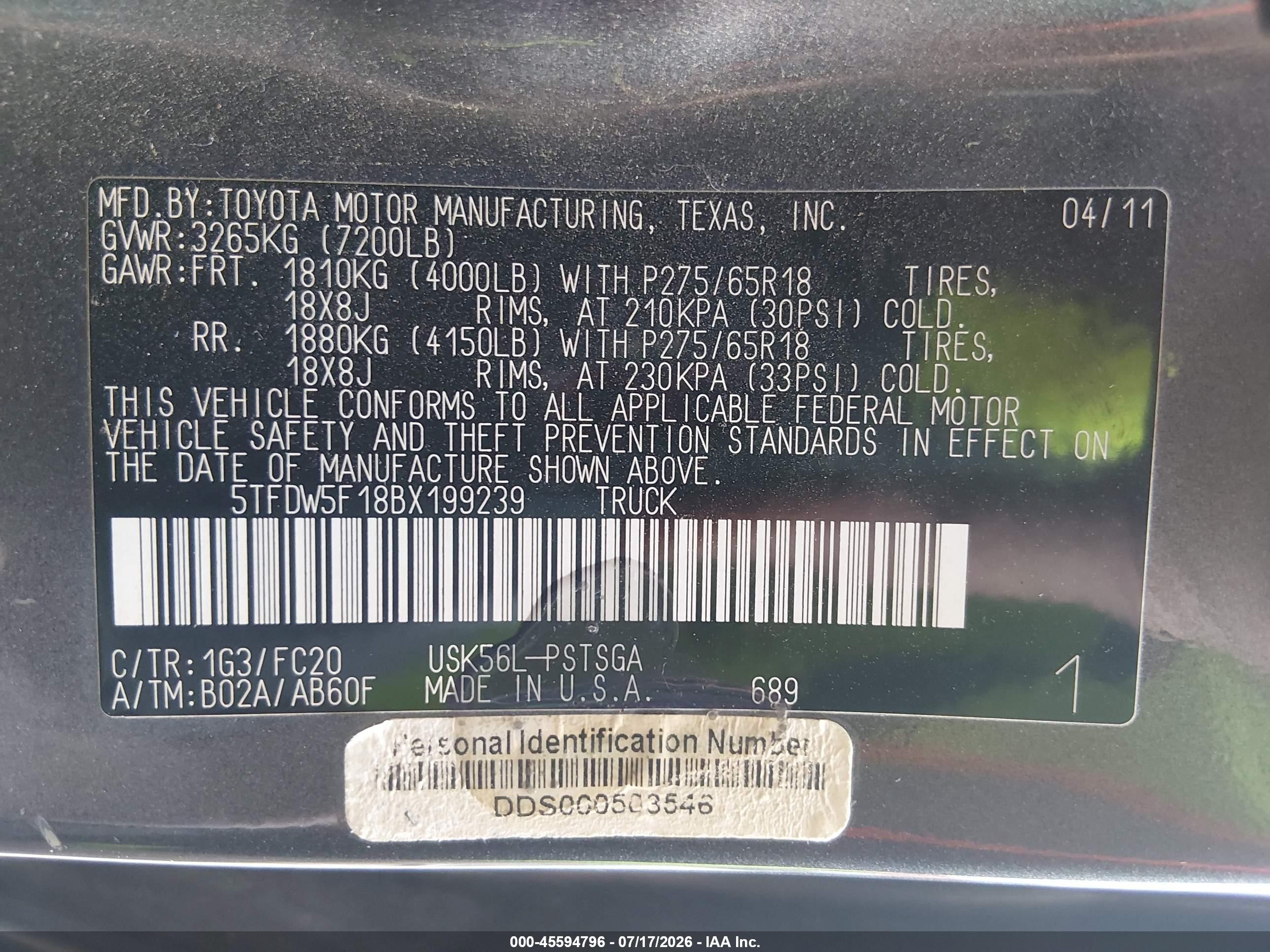 2011 Toyota Tundra Grade 5.7l V8 Gray vin: 5TFDW5F18BX199239