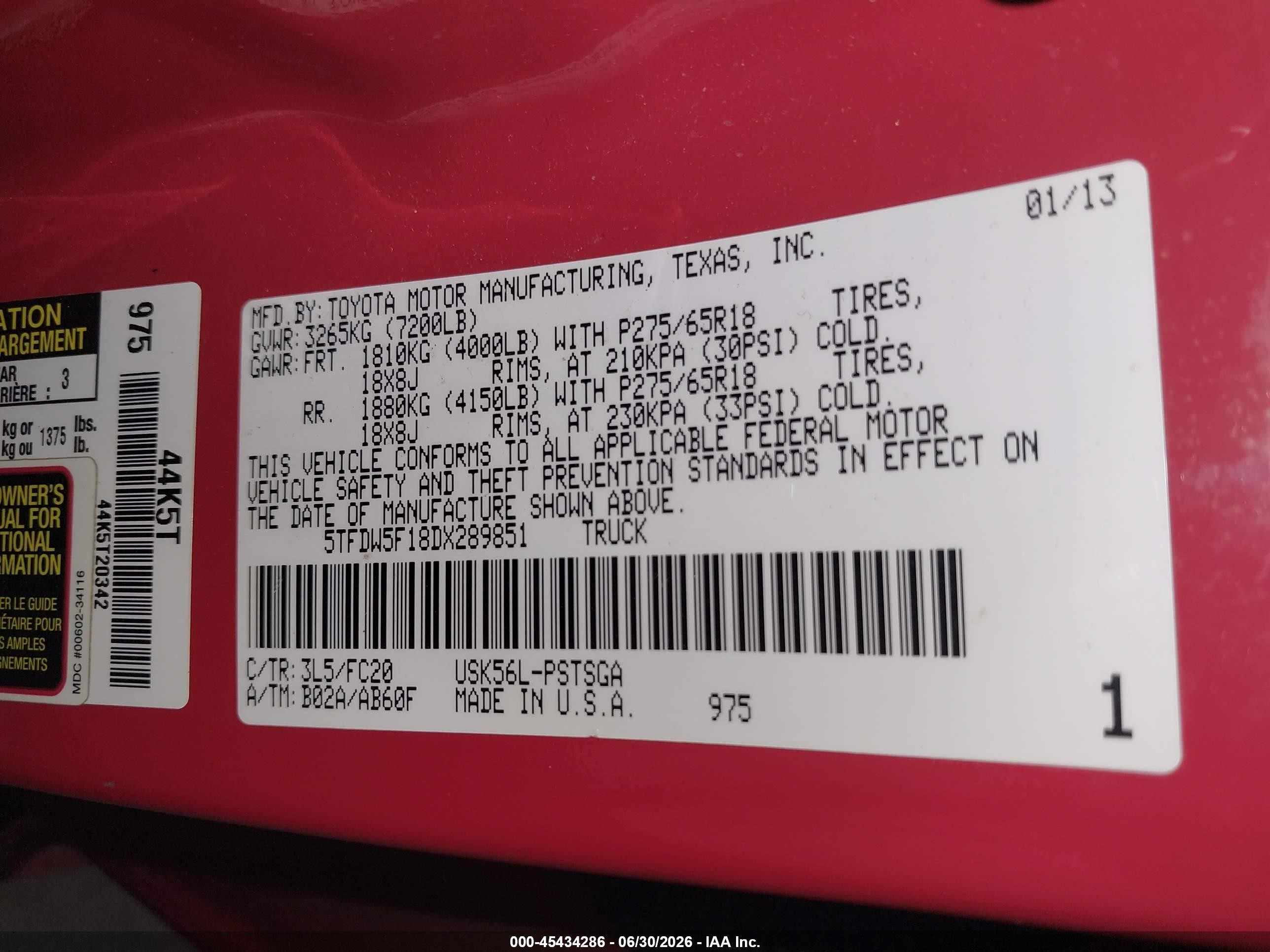 2013 Toyota Tundra Grade 5.7l V8 Red vin: 5TFDW5F18DX289851