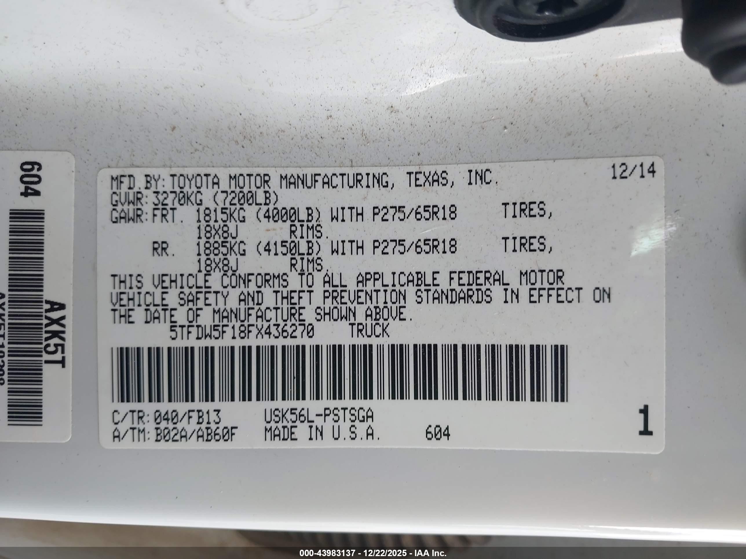 2015 Toyota Tundra Sr5 5.7l V8 Белый vin: 5TFDW5F18FX436270