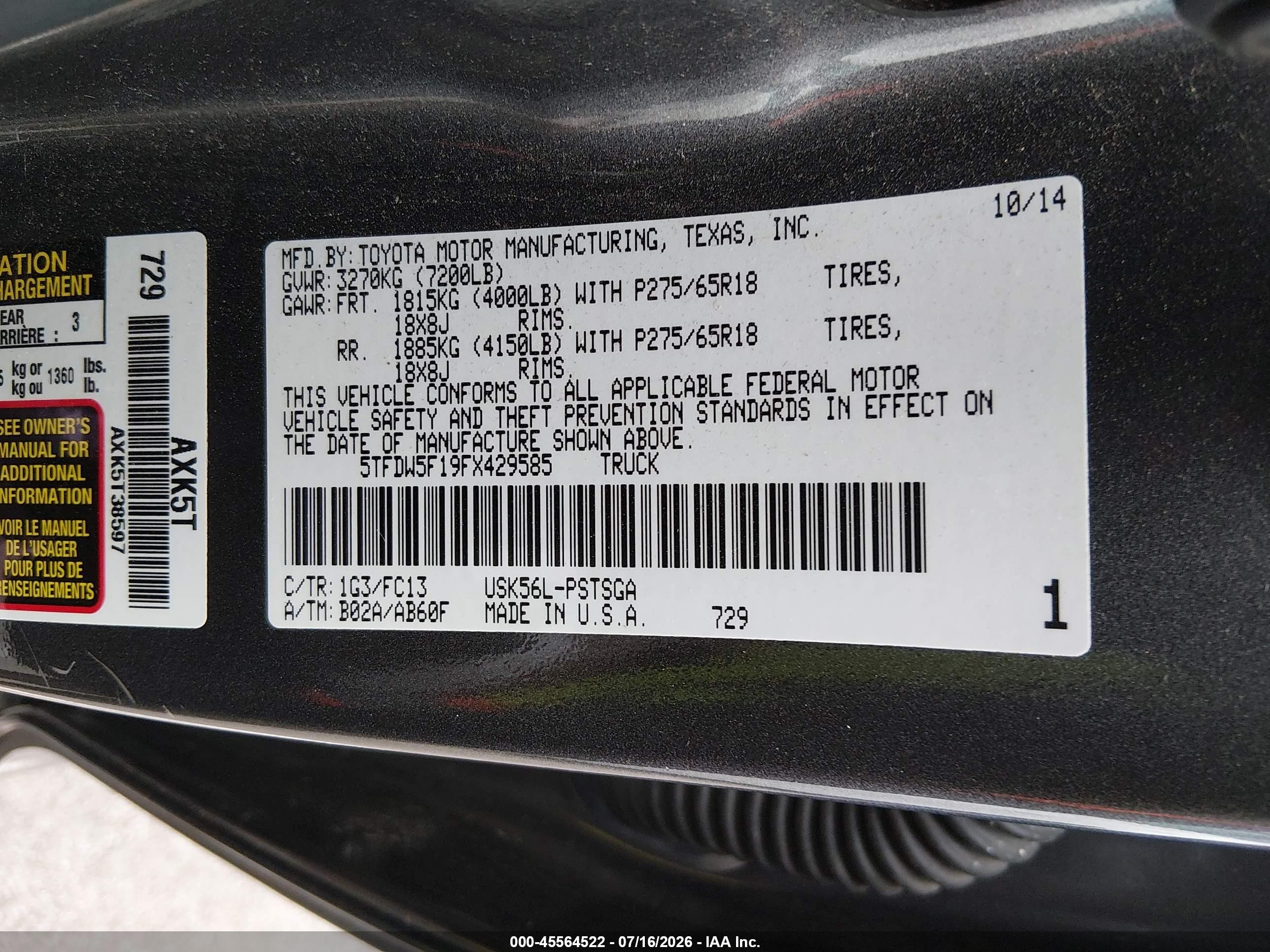 2015 Toyota Tundra Sr5 5.7l V8 Gray vin: 5TFDW5F19FX429585