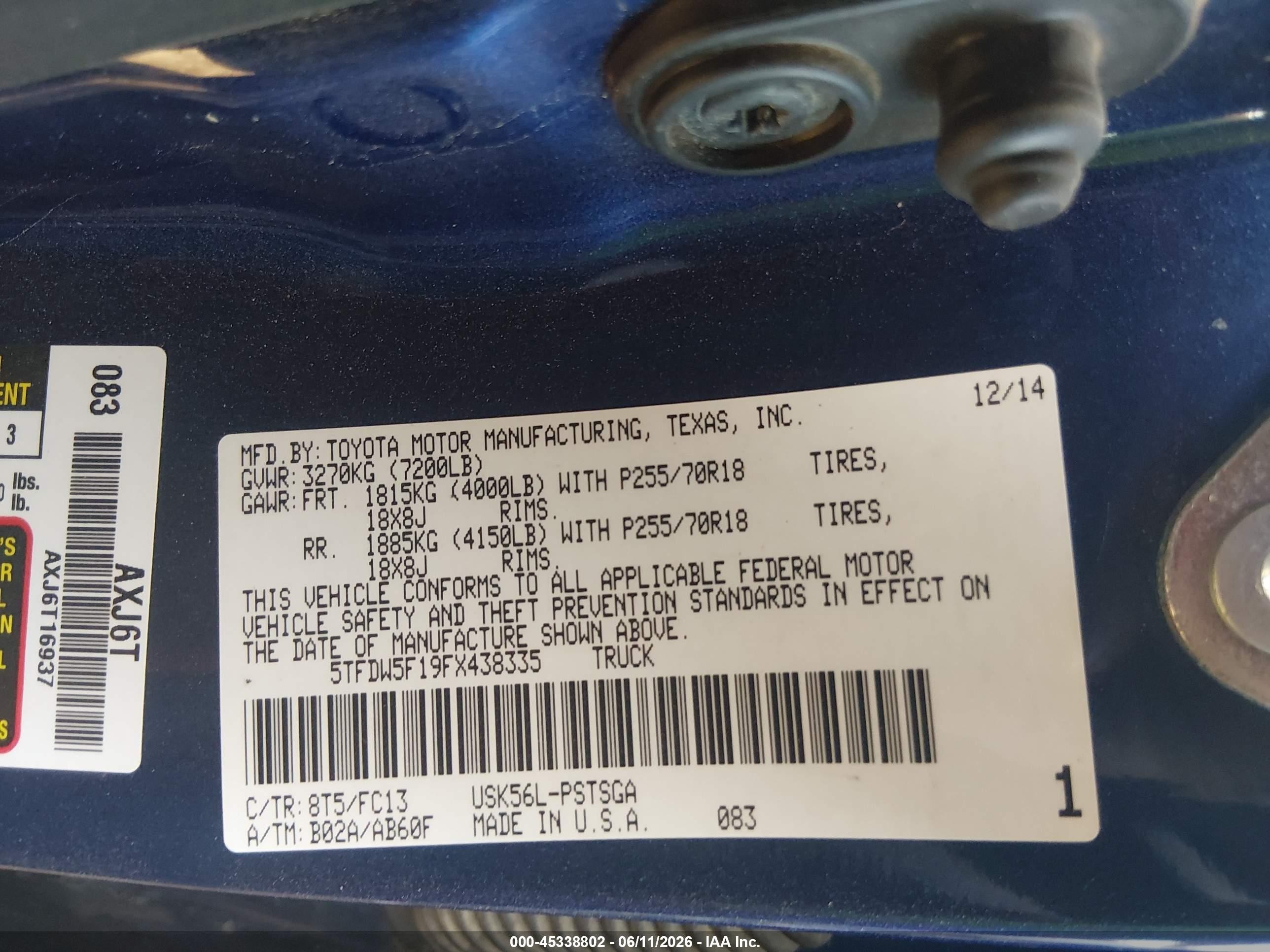 2015 Toyota Tundra Sr5 5.7l V8 Blue vin: 5TFDW5F19FX438335