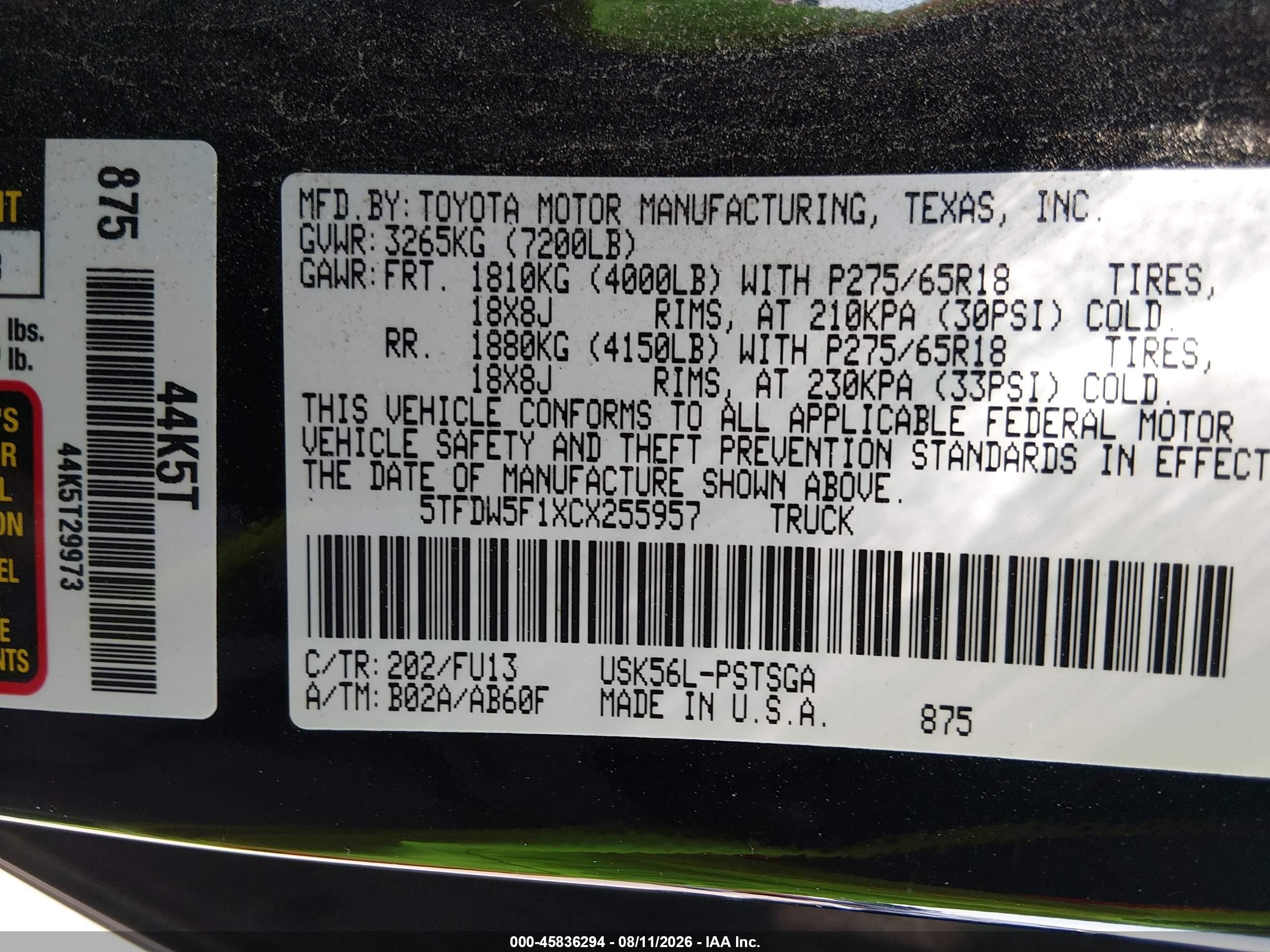 2012 Toyota Tundra Grade 5.7l V8 Black vin: 5TFDW5F1XCX255957