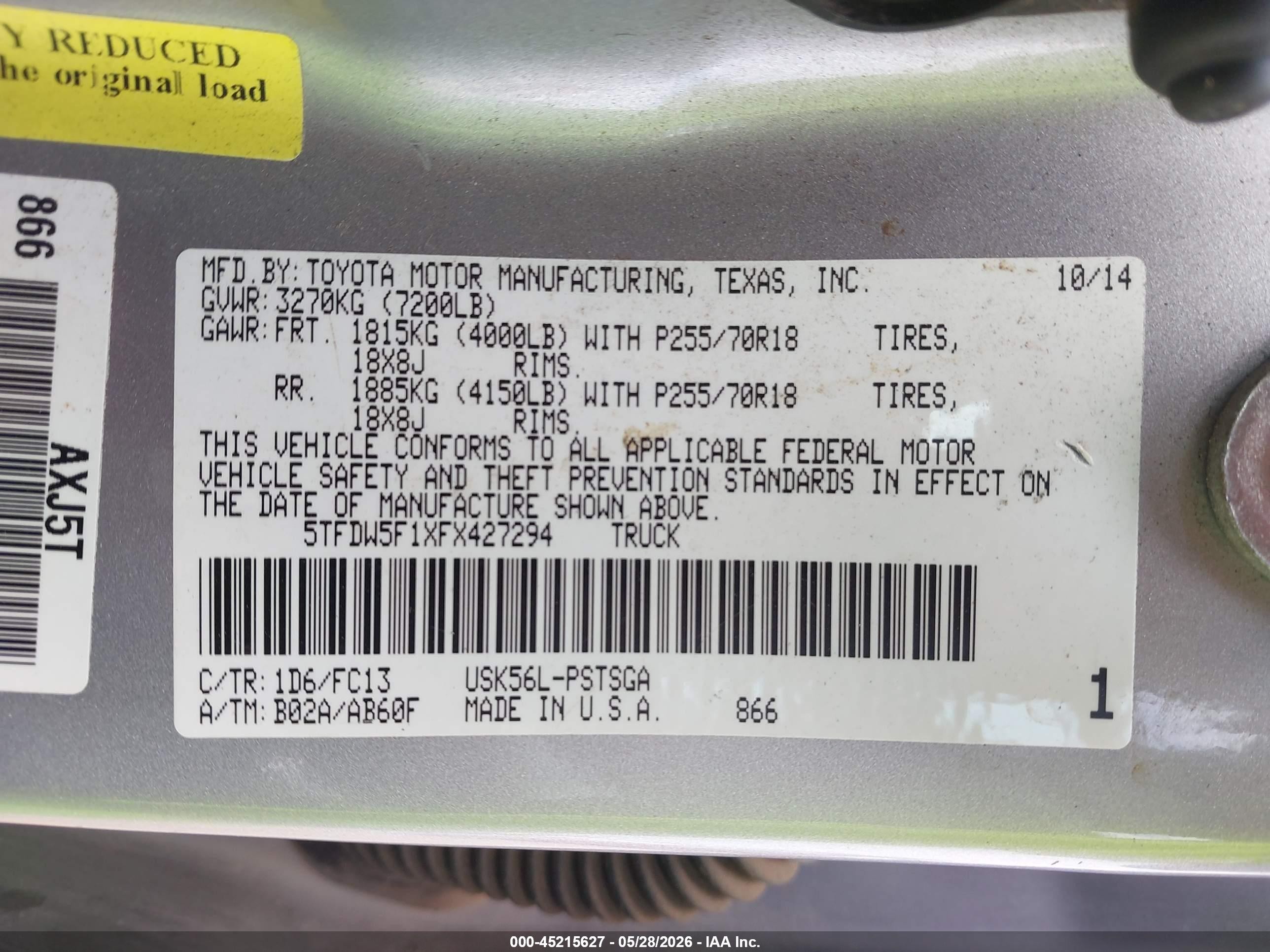 2015 Toyota Tundra Sr5 5.7l V8 Серебряный vin: 5TFDW5F1XFX427294