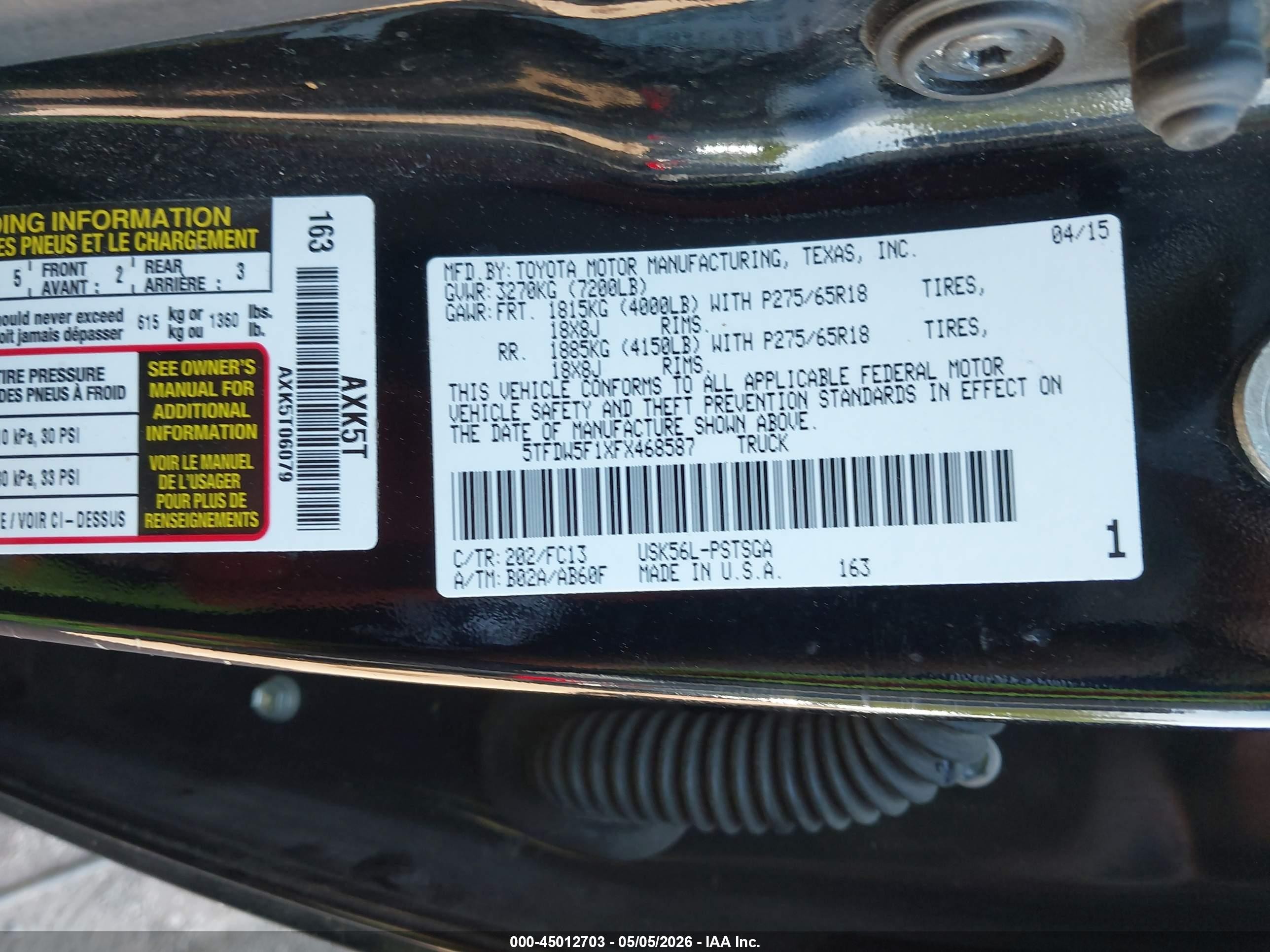 2015 Toyota Tundra Sr5 5.7l V8 Black vin: 5TFDW5F1XFX468587