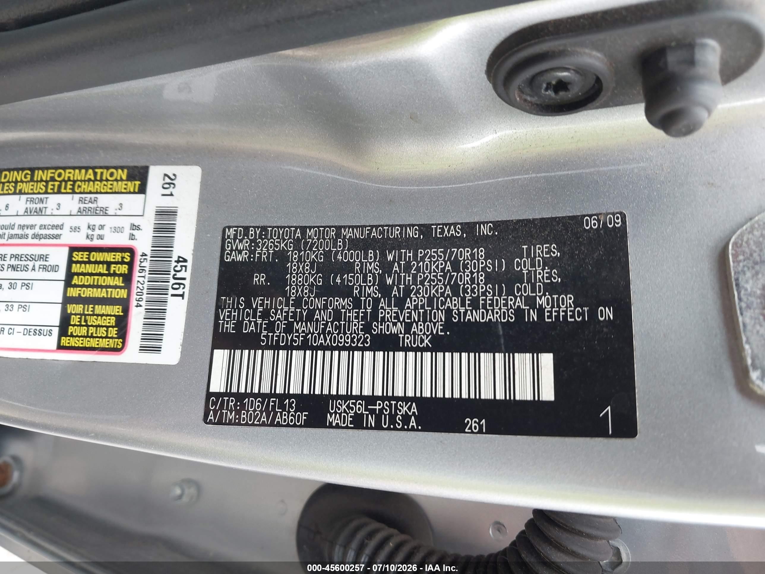 2010 Toyota Tundra Grade 5.7l V8 Silver vin: 5TFDY5F10AX099323