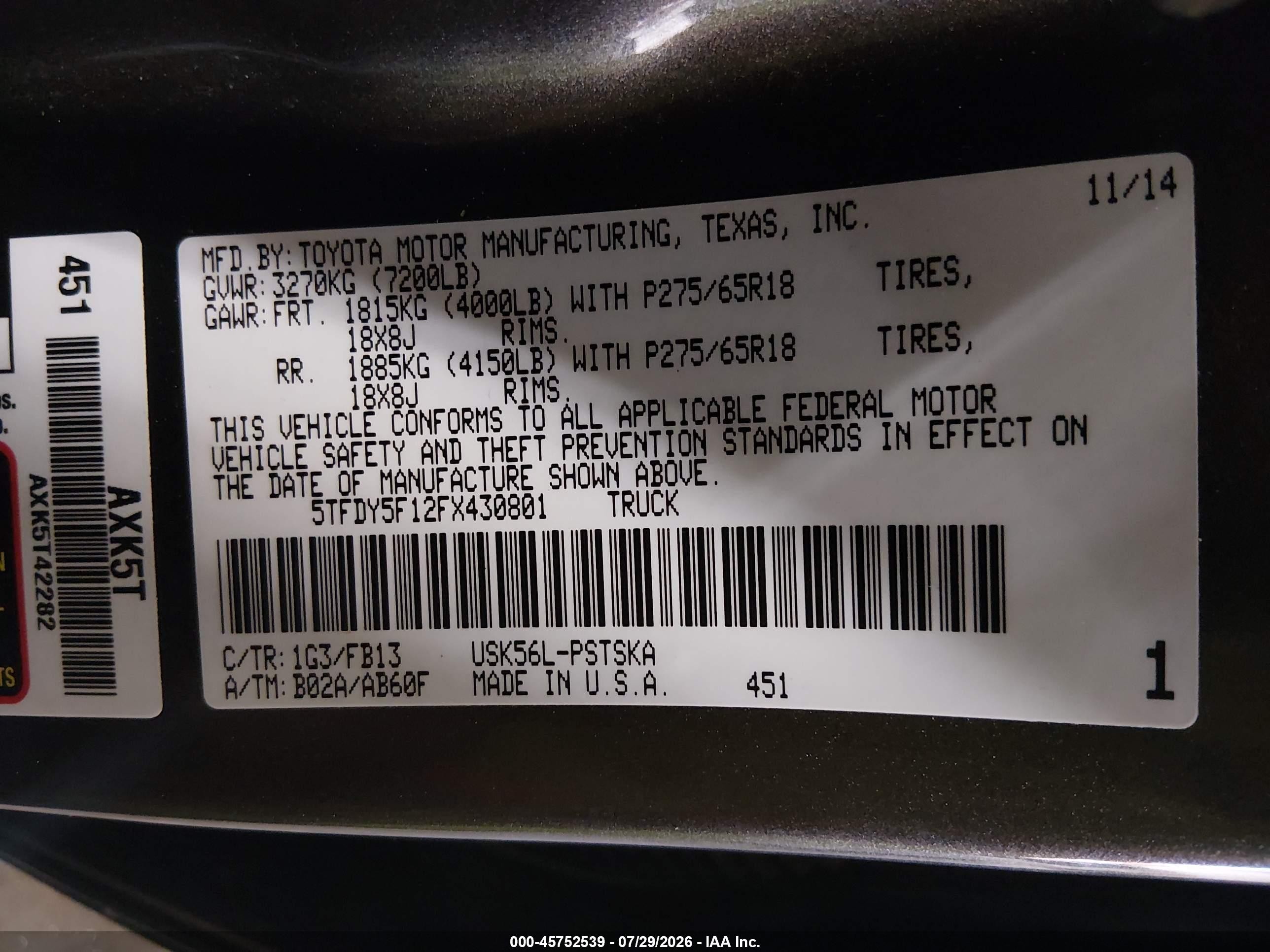 2015 Toyota Tundra Sr5 5.7l V8 Gray vin: 5TFDY5F12FX430801