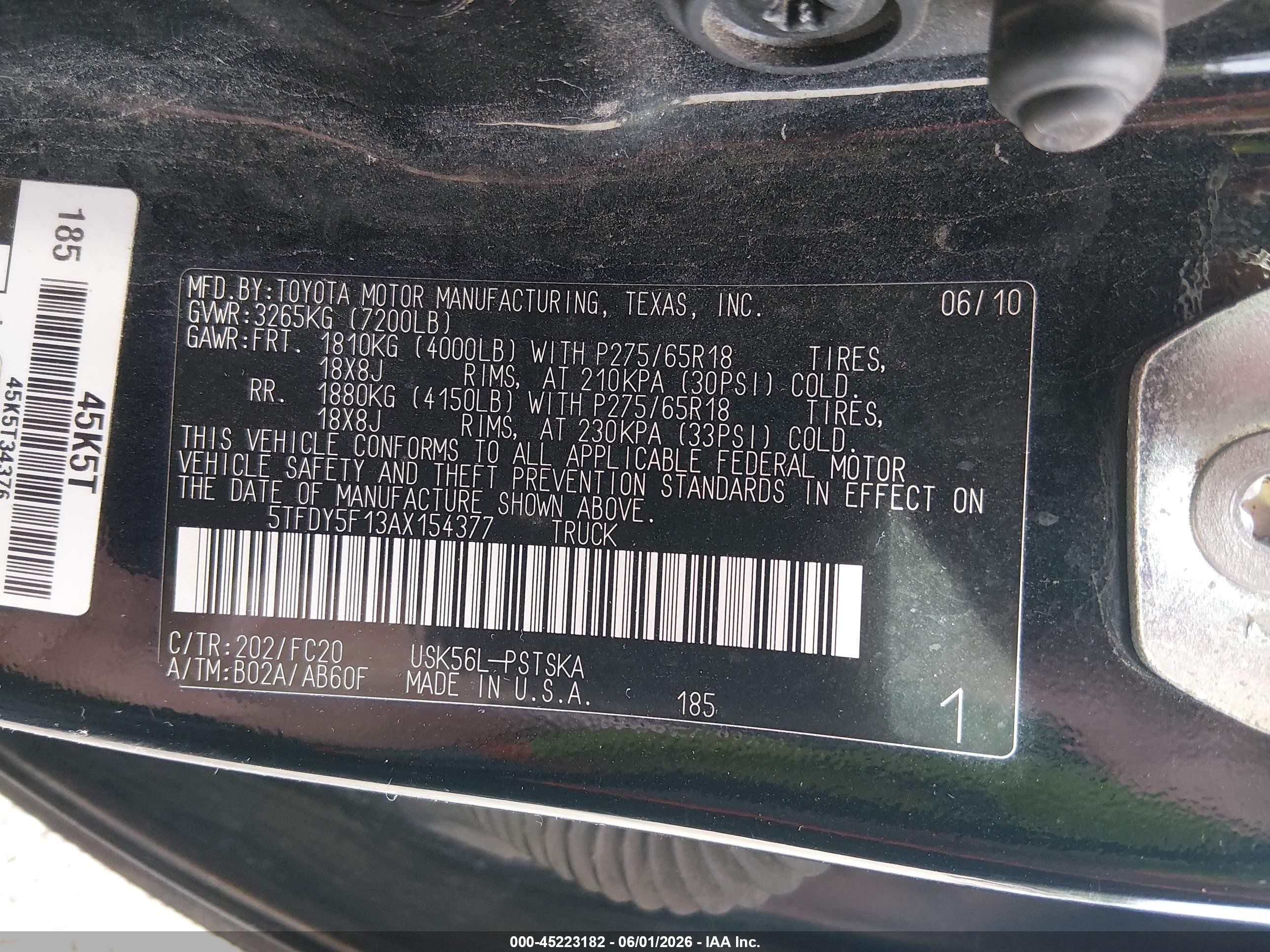 2010 Toyota Tundra Grade 5.7l V8 Black vin: 5TFDY5F13AX154377