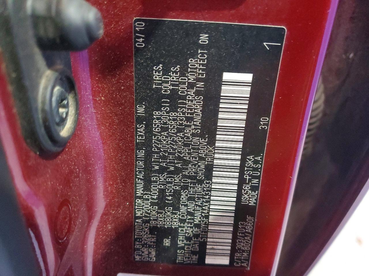 2010 Toyota Tundra Crewmax Sr5 Maroon vin: 5TFDY5F14AX143193