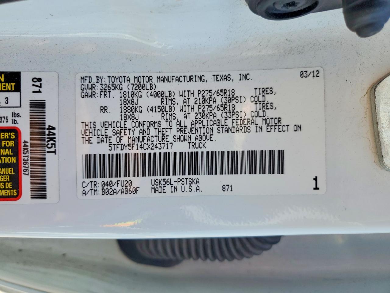 2012 Toyota Tundra Crewmax Sr5 White vin: 5TFDY5F14CX243717