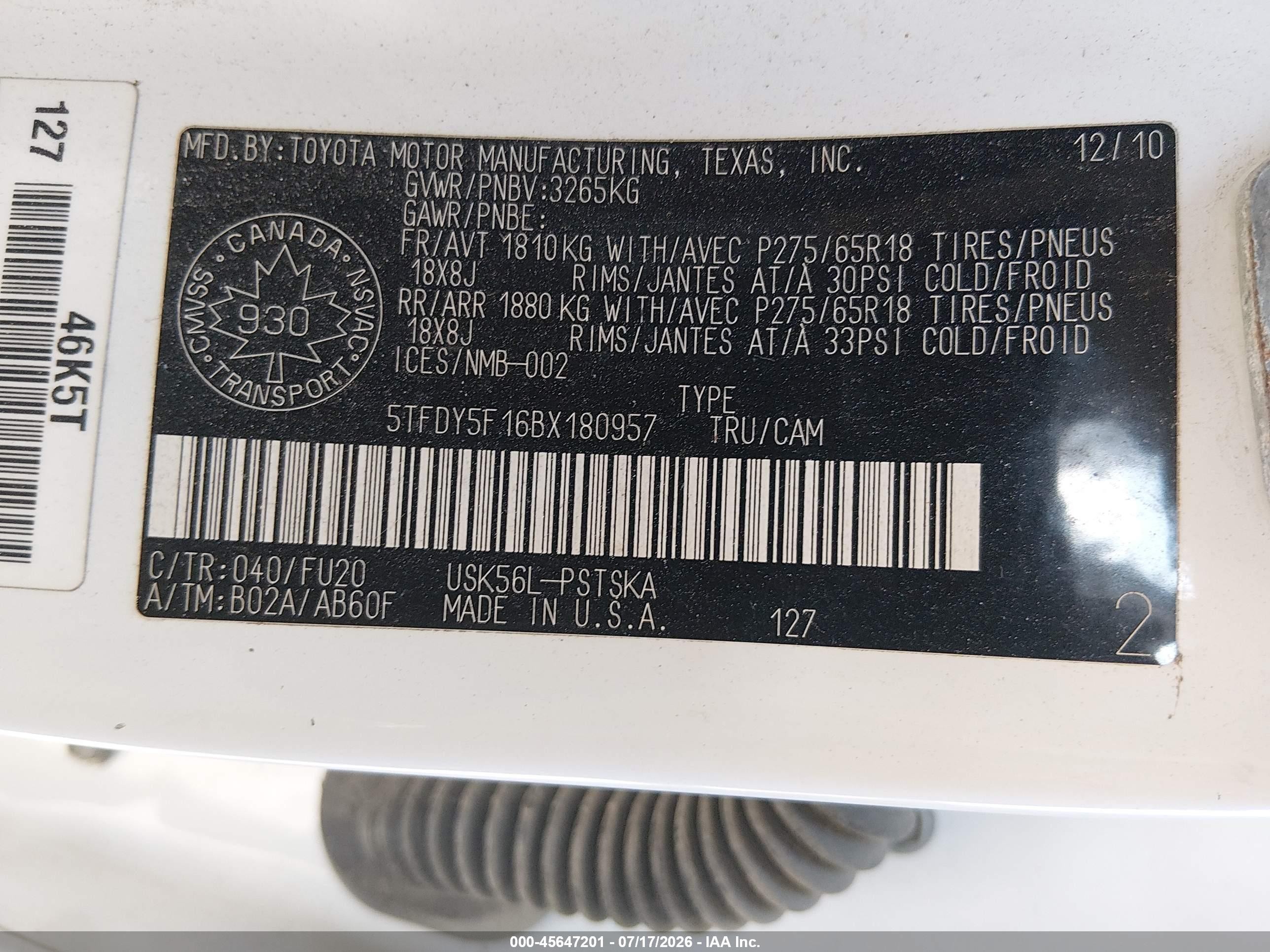 2011 Toyota Tundra Sr5 5.7l V8 White vin: 5TFDY5F16BX180957