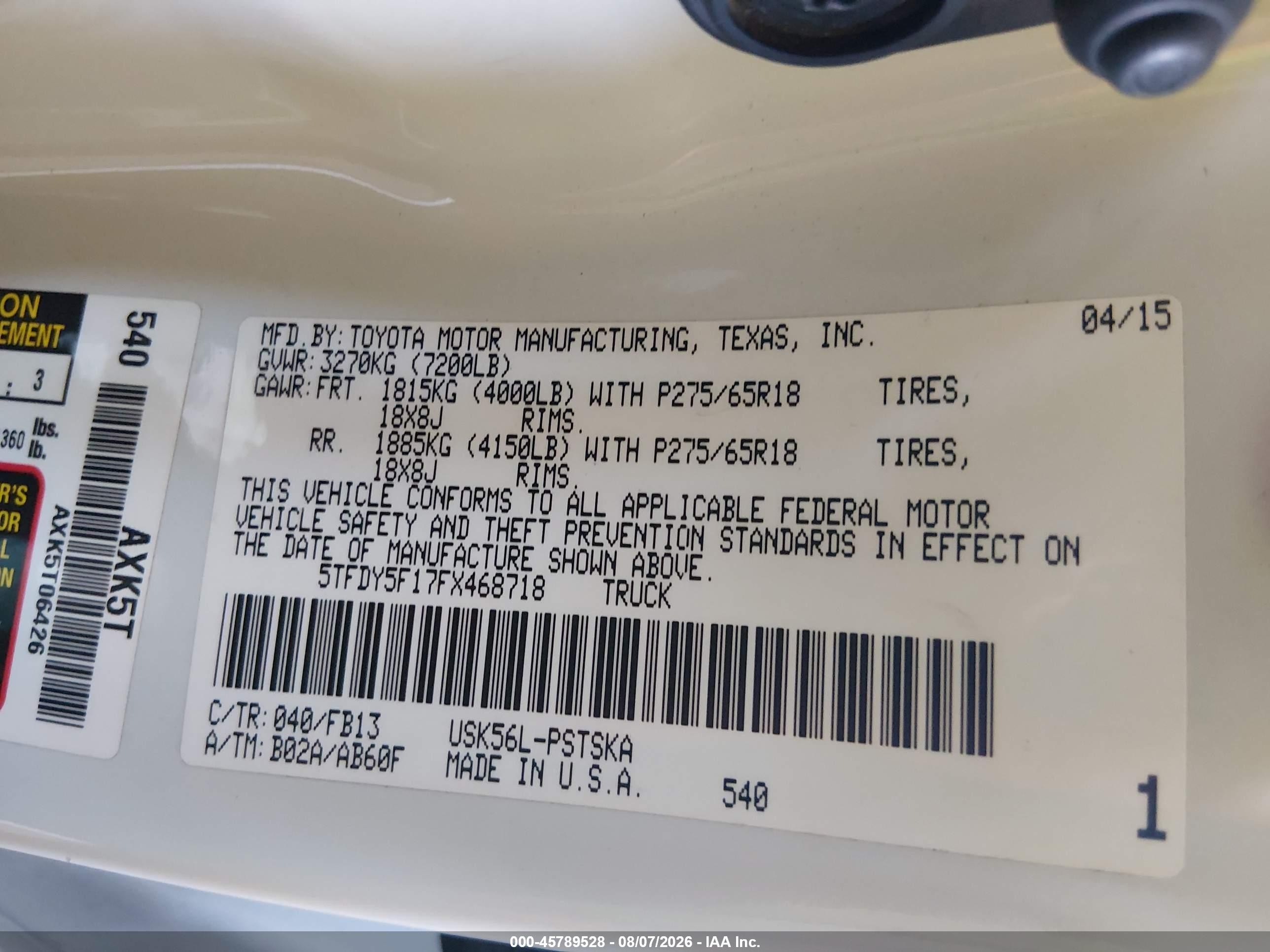 2015 Toyota Tundra Sr5 5.7l V8 White vin: 5TFDY5F17FX468718