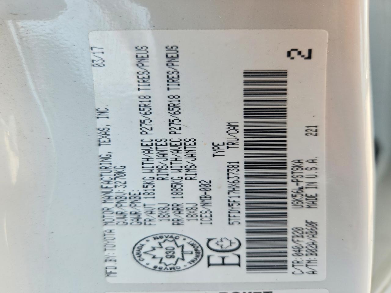 2017 Toyota Tundra Sr5 White vin: 5TFDY5F17HX637381