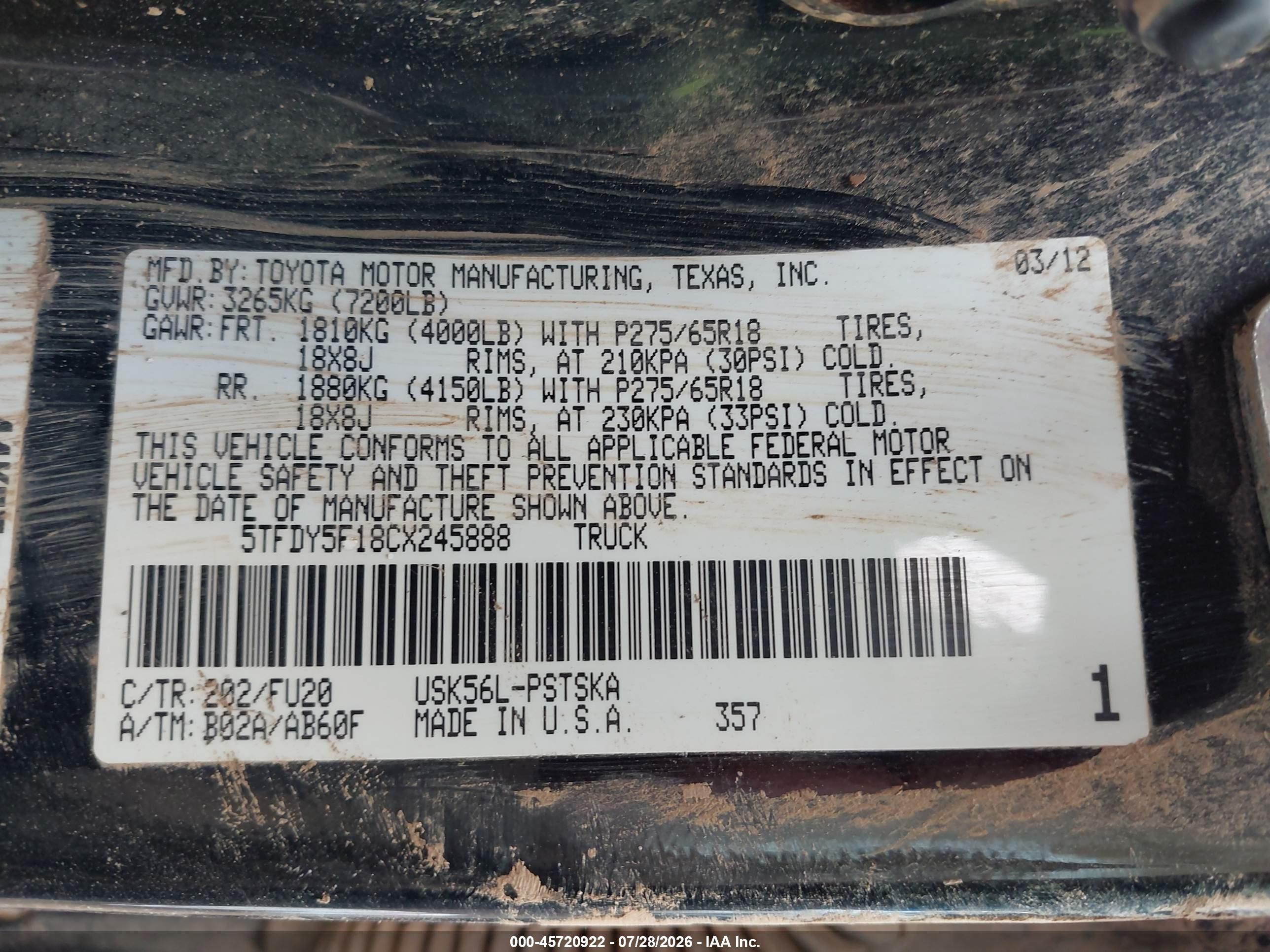 2012 Toyota Tundra Grade 5.7l V8 Черный vin: 5TFDY5F18CX245888