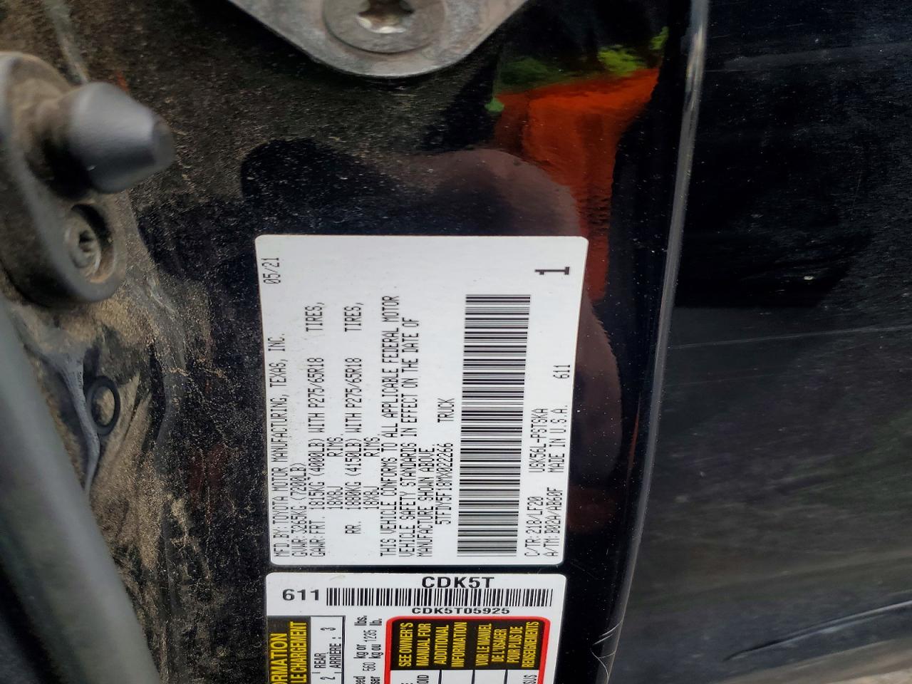 2021 Toyota Tundra Trd Pro Black vin: 5TFDY5F18MX022266