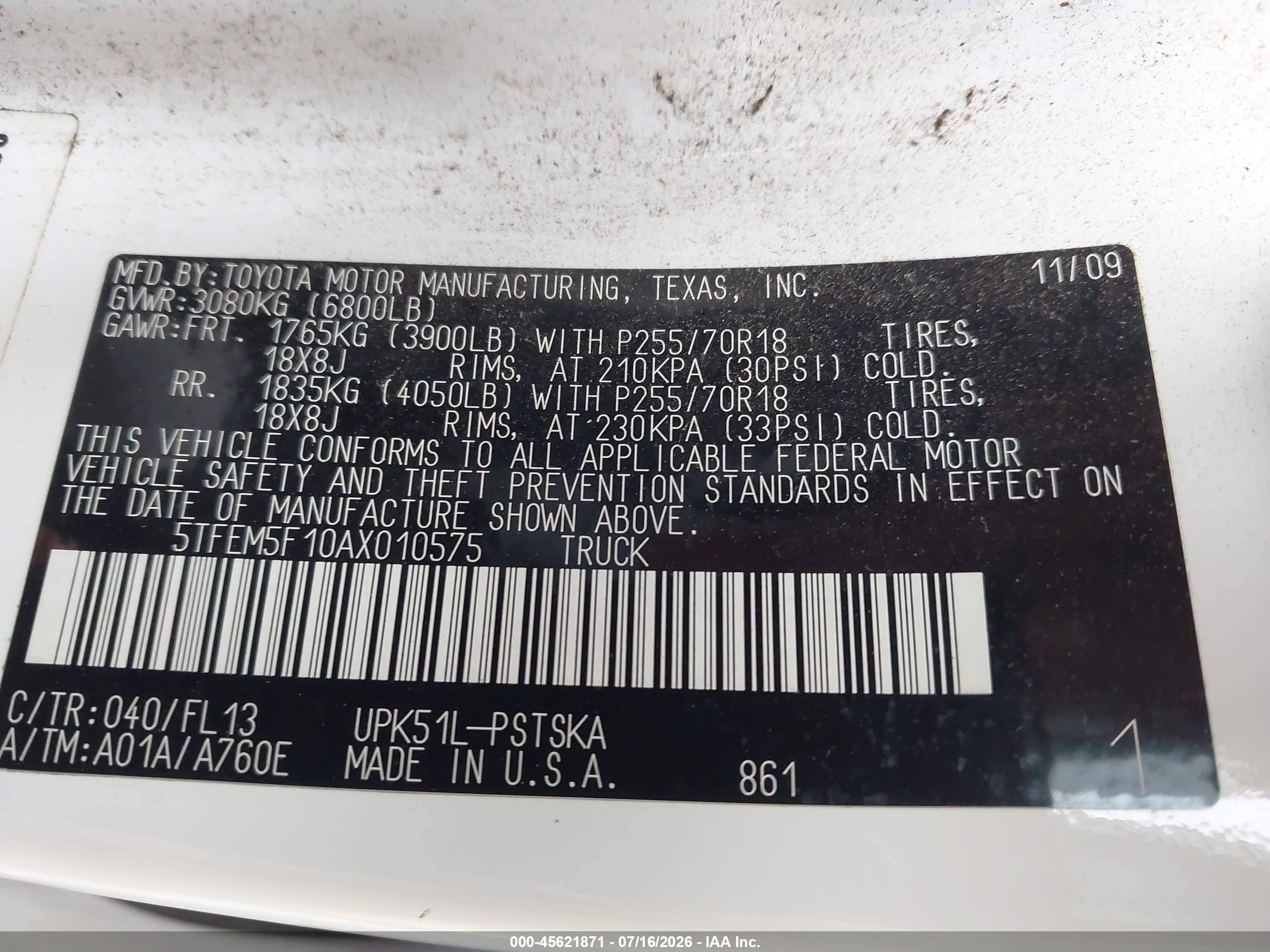 2010 Toyota Tundra Grade 4.6l V8 White vin: 5TFEM5F10AX010575