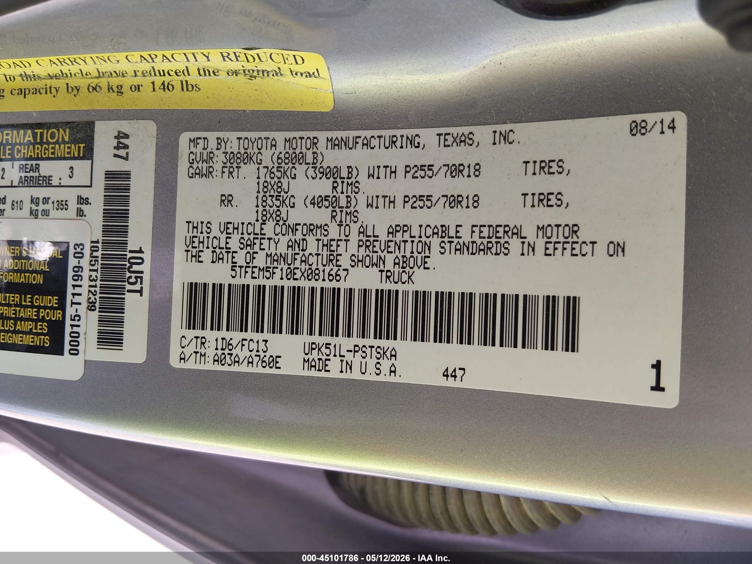 2014 Toyota Tundra Sr5 4.6l V8 Silver vin: 5TFEM5F10EX081667
