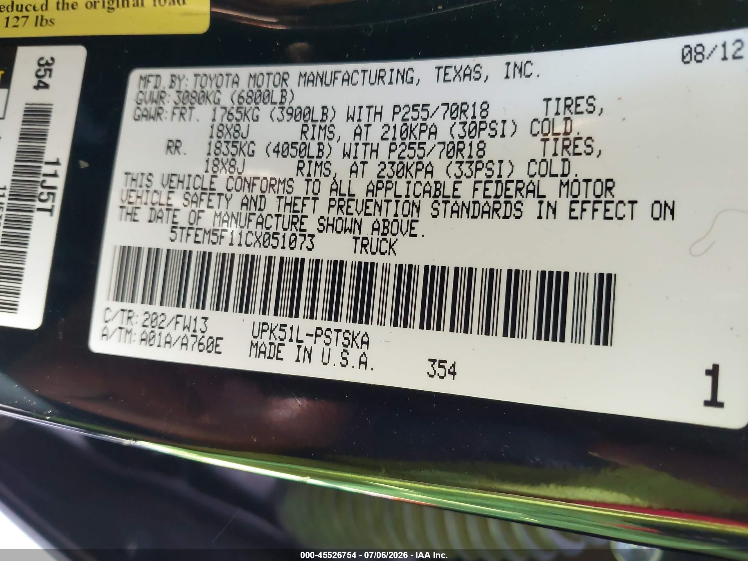 2012 Toyota Tundra Grade 4.6l V8 Черный vin: 5TFEM5F11CX051073