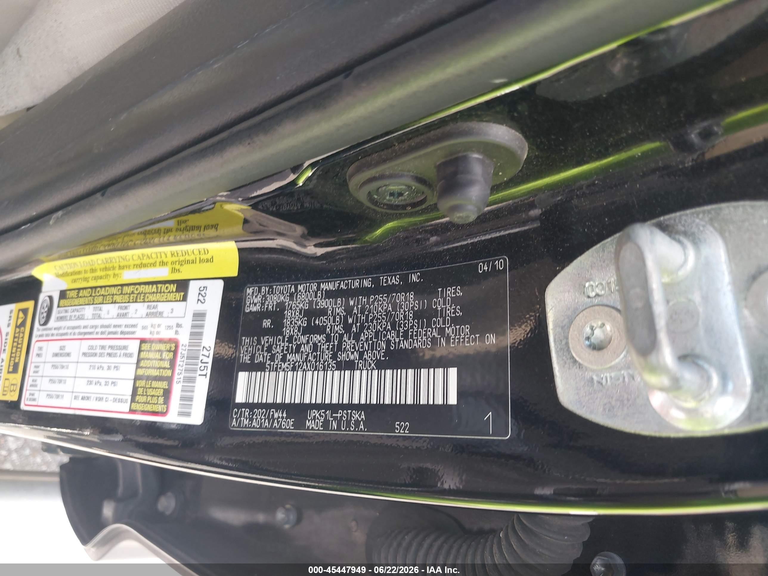 2010 Toyota Tundra Grade 4.6l V8 Black vin: 5TFEM5F12AX016135