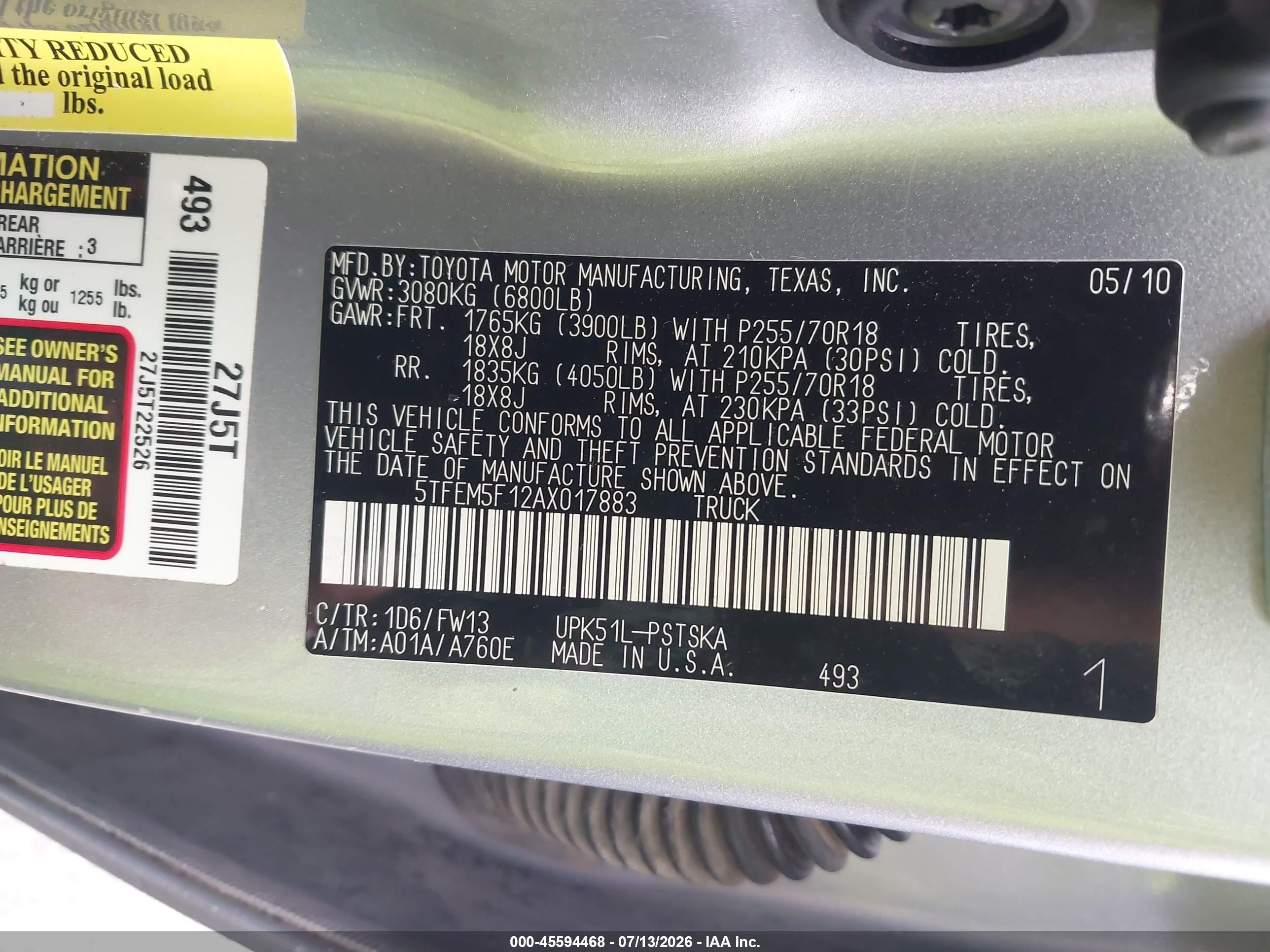 2010 Toyota Tundra Grade 4.6l V8 Silver vin: 5TFEM5F12AX017883